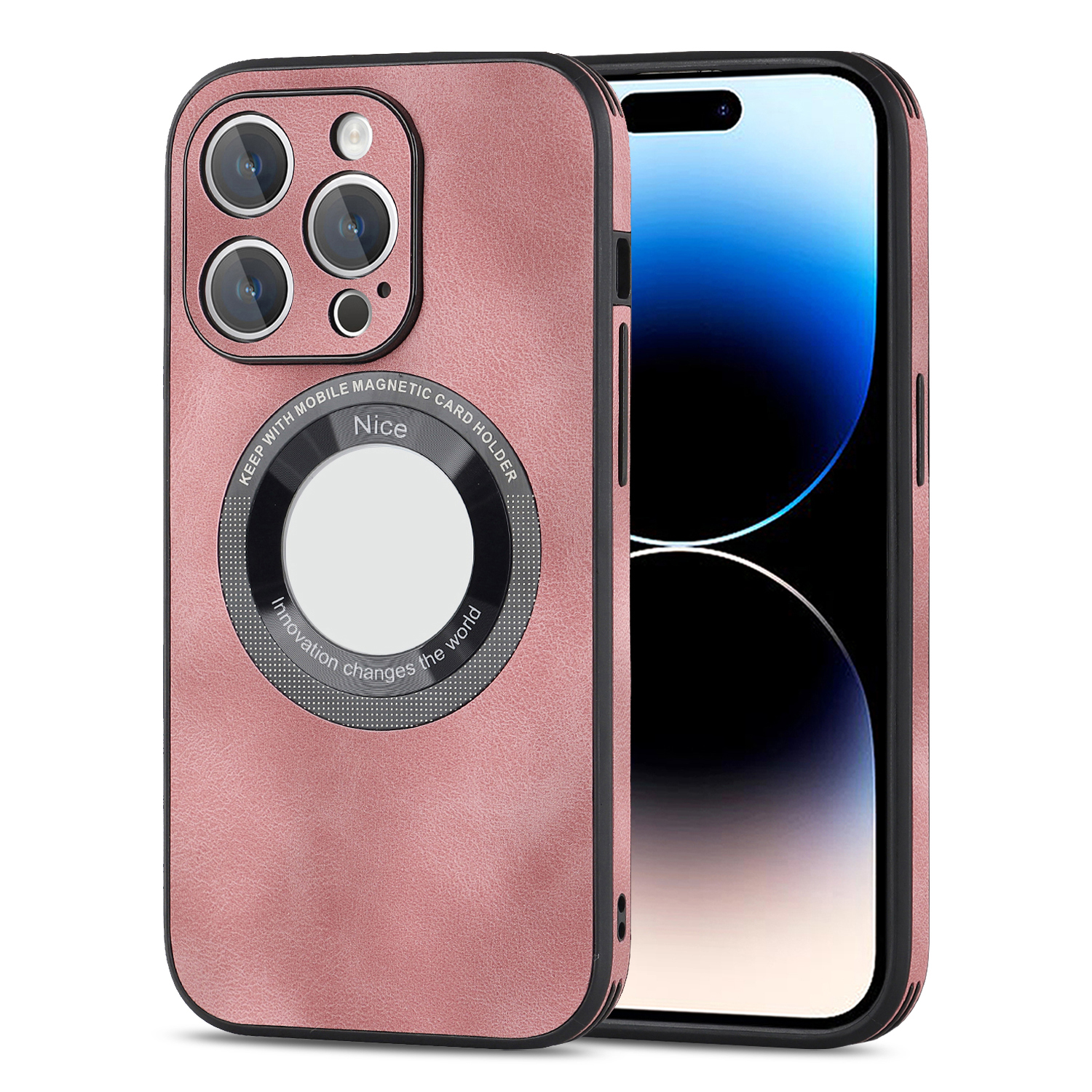 

Für Iphone 14 Pro Max Magnetic Phone Case Logo View Design PU Leder+pc+tpu -schutzabdeckung - Dunkelrosa, iPhone 14 Pro Max