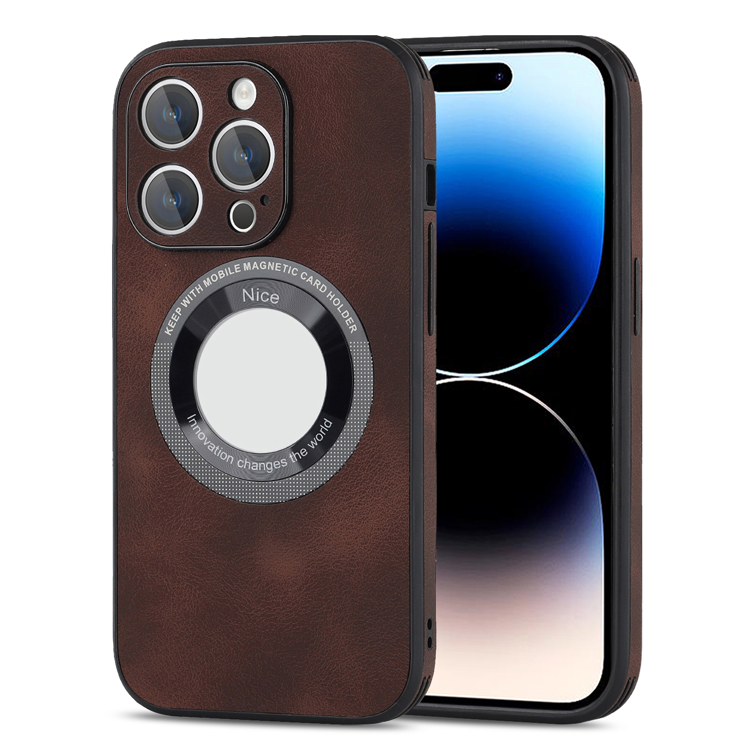 

Für Iphone 14 Pro Max Magnetic Phone Case Logo View Design PU Leder+pc+tpu -schutzabdeckung - Dunkelbraun, iPhone 14 Pro Max