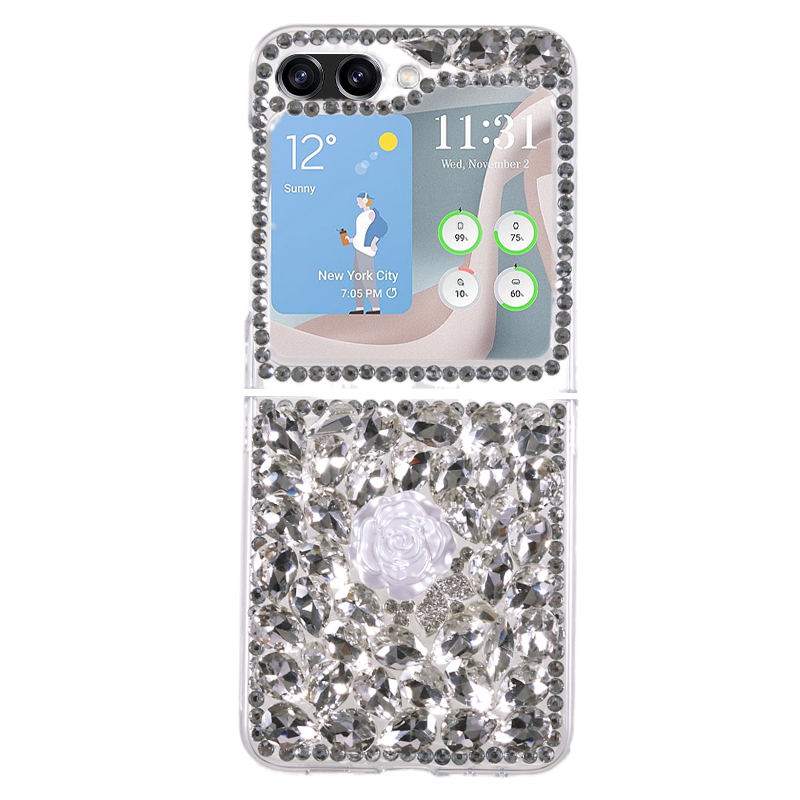 

Für Samsung Galaxy Z Flip5 5G Telefonhülle 2-teilige Design-strassdekoration Harte Pc-telefonschale - Weiße Rose, Galaxy Z Flip5 5G