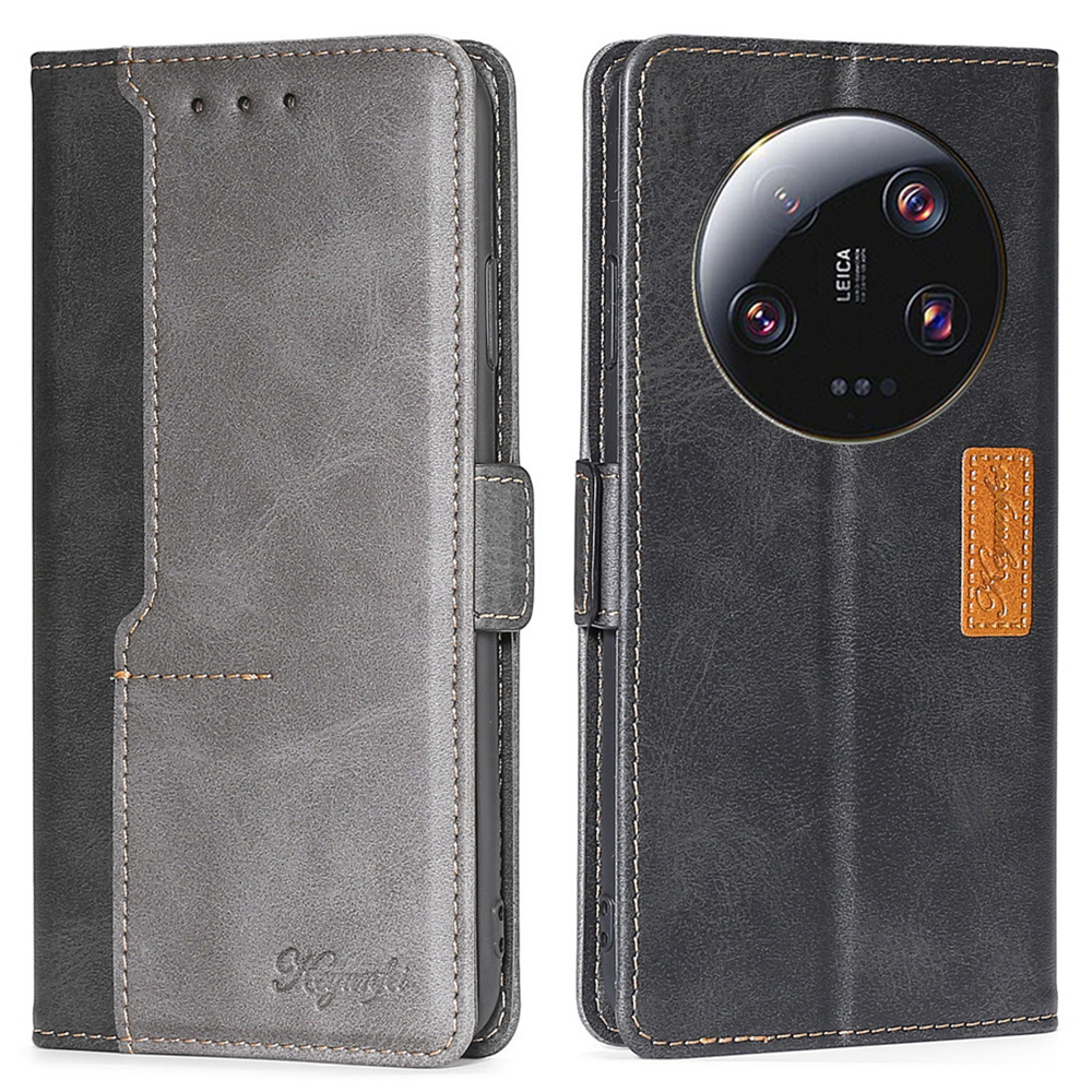 

Für Xiaomi 13 Ultra PU Leder Ständer Cover Kontrastfarbe Flip Wallet Telefonhülle - Schwarz+grau, Xiaomi 13 Ultra