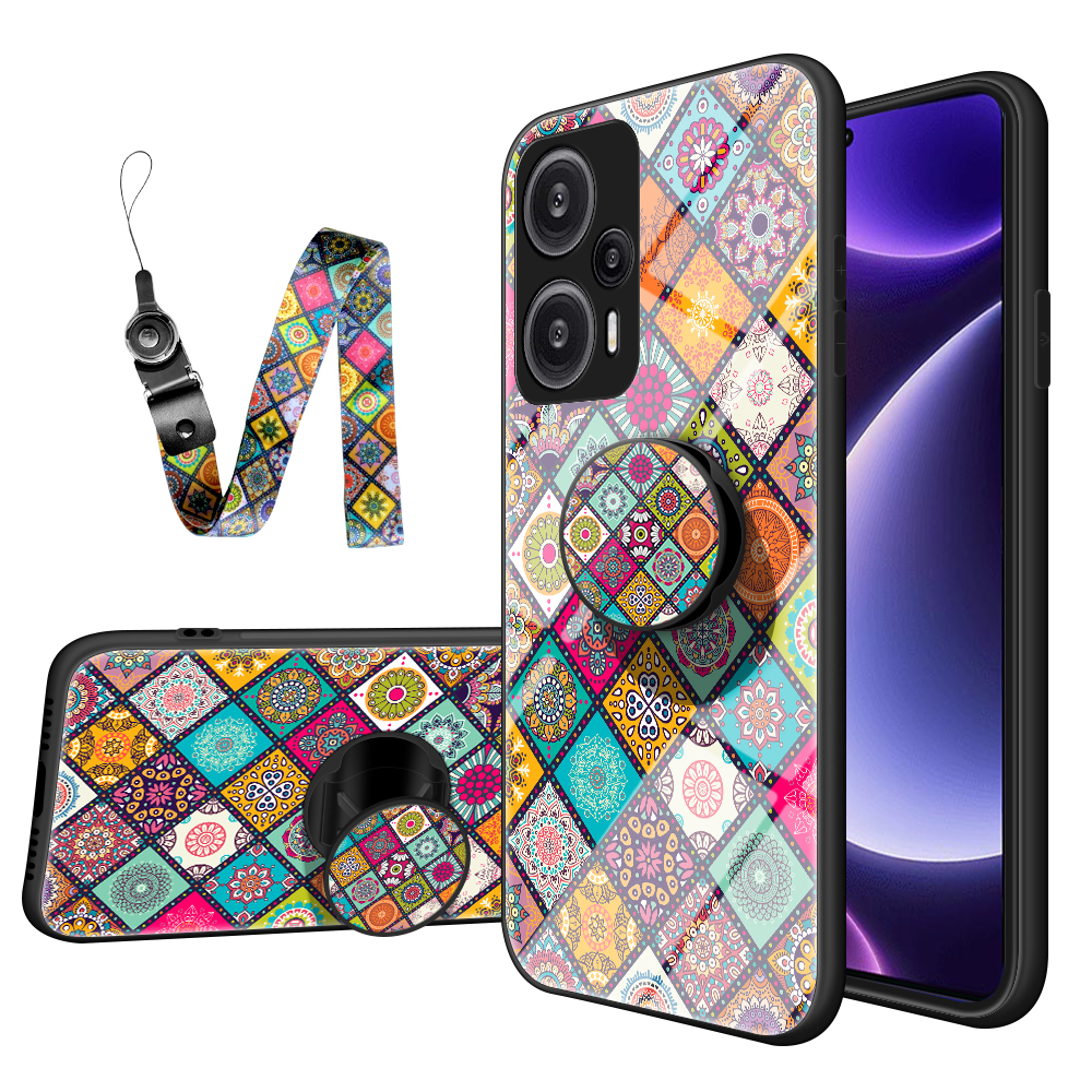 

Für Xiaomi Redmi Note 12 Turbo / Poco F5 5G Telefonabdeckung Kickstand Pc+tpu+temperiertes Glasblumenmuster Hülle - Kariertes Muster, Xiaomi Redmi Note 12 Turbo