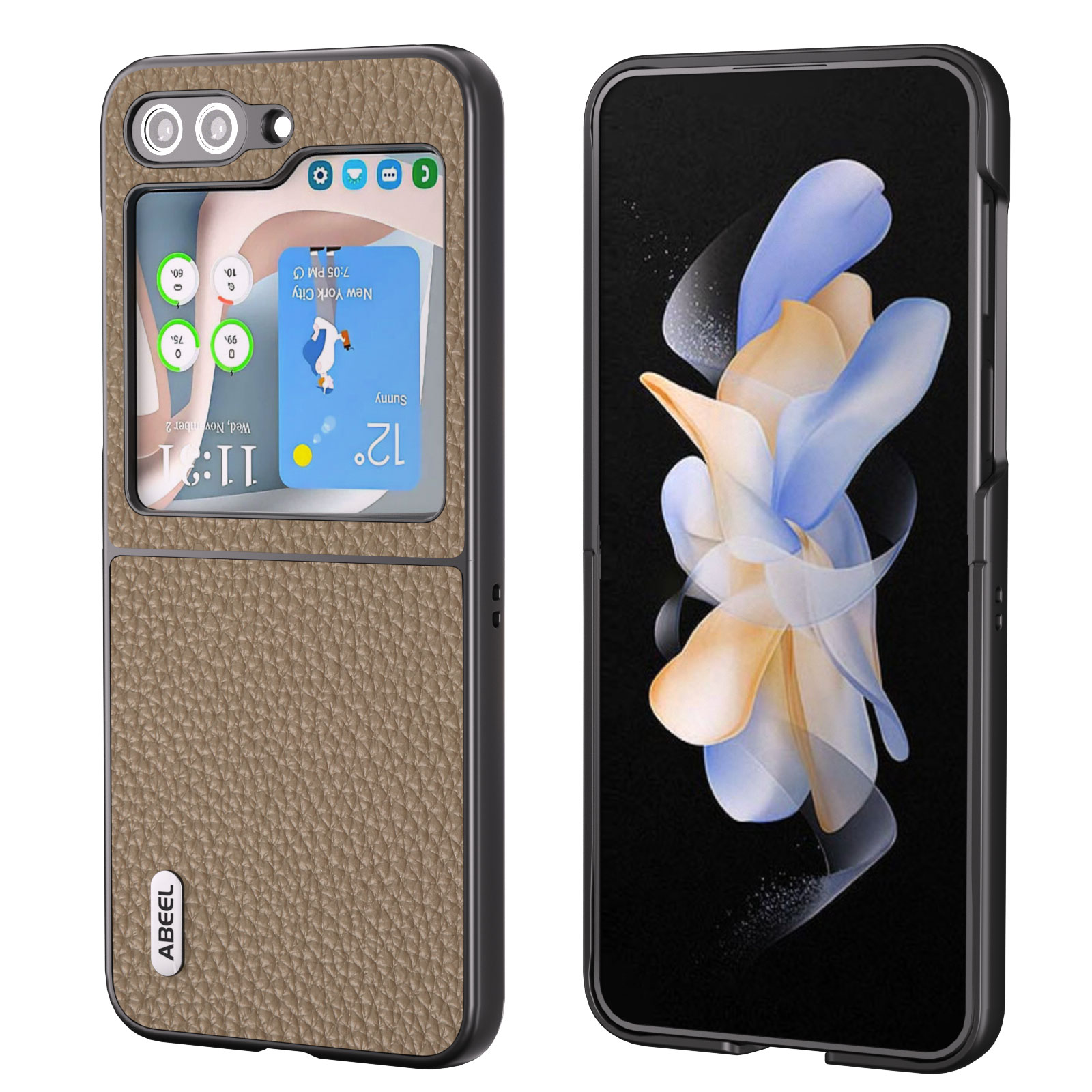 

ABEEL Für Samsung Galaxy Z Flip5 5G Back Phone Hülle Kuhlatten -lederbeschichtete PC Litchi Texturabdeckung - Khaki, Galaxy Z Flip5 5G