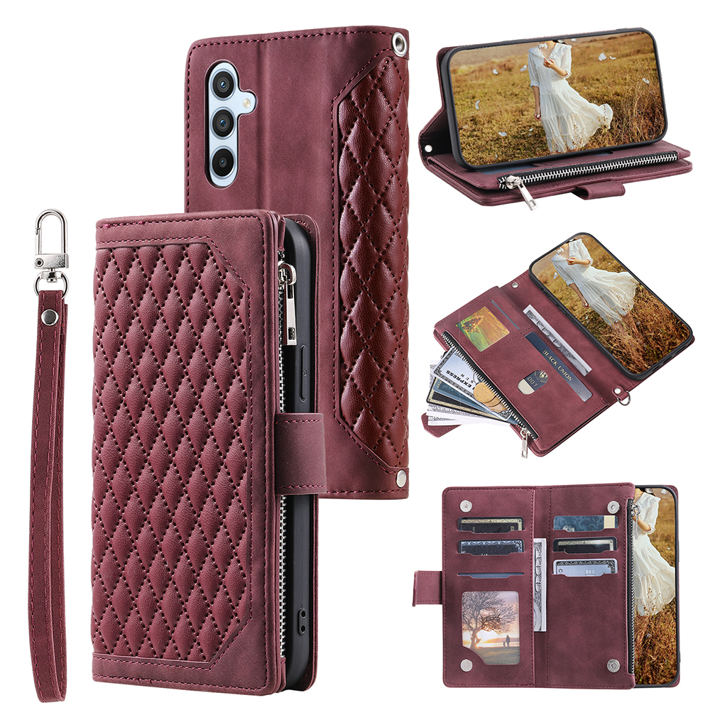 

Für Samsung Galaxy M54 5G PU Leder Phone Hülle Rhombusmuster Geprägtes Reißverschluss -taschen -brieftasche Mit Riemen - Weinrot, Galaxy M54 5G