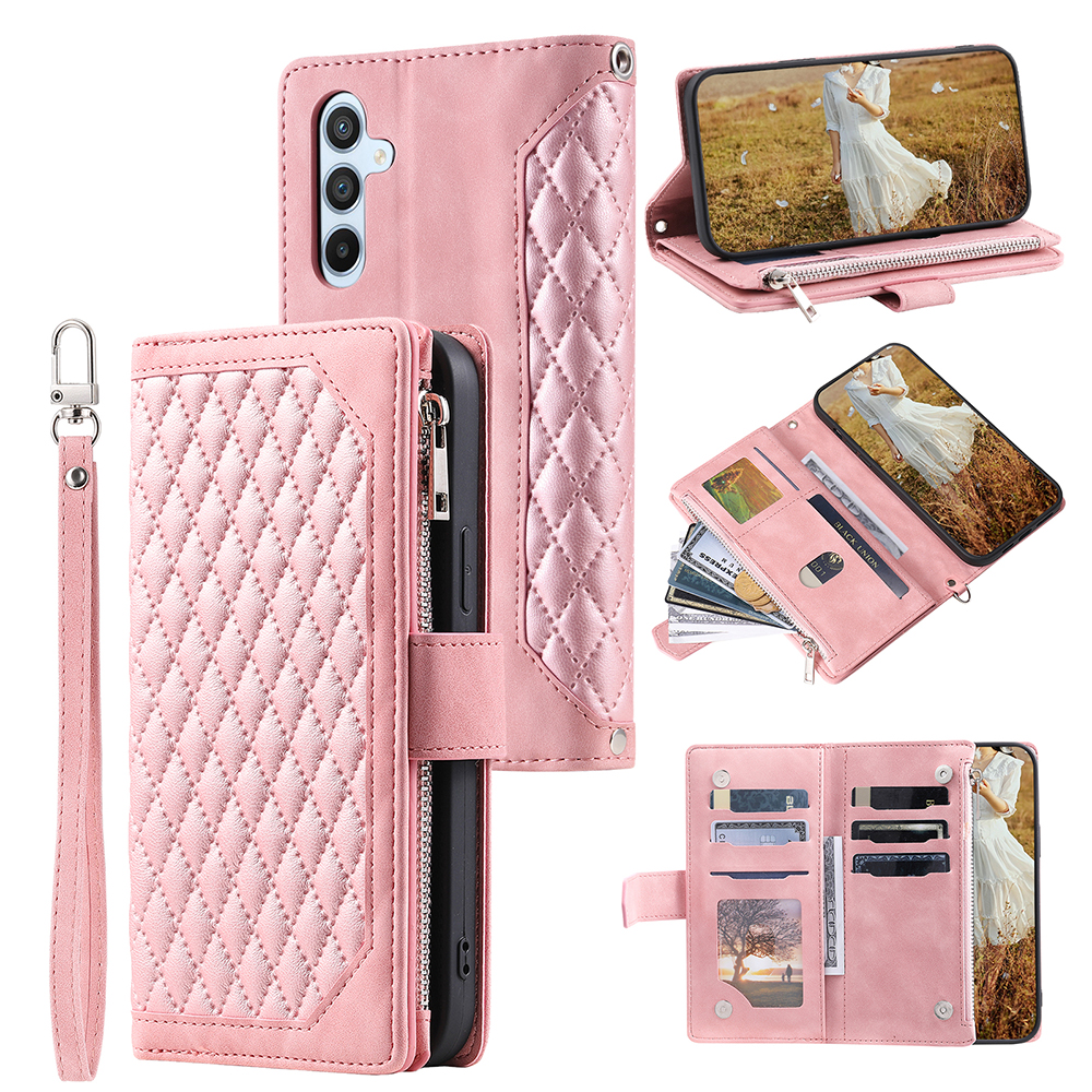 

Für Samsung Galaxy M54 5G PU Leder Phone Hülle Rhombusmuster Geprägtes Reißverschluss -taschen -brieftasche Mit Riemen - Roségold, Galaxy M54 5G