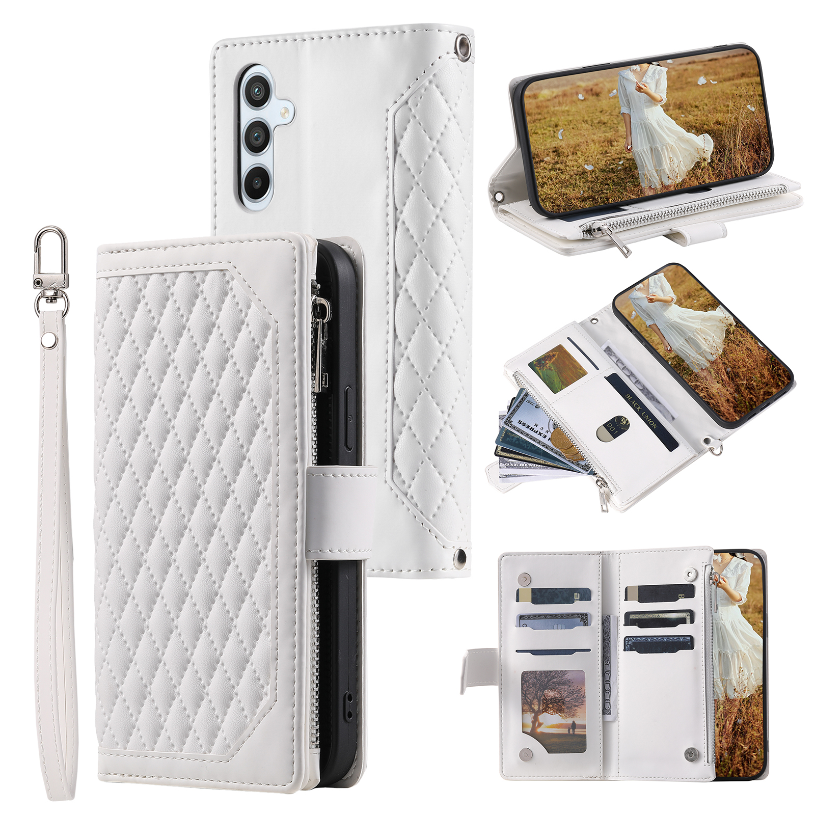 

Für Samsung Galaxy M54 5G PU Leder Phone Hülle Rhombusmuster Geprägtes Reißverschluss -taschen -brieftasche Mit Riemen - Weiss, Galaxy M54 5G
