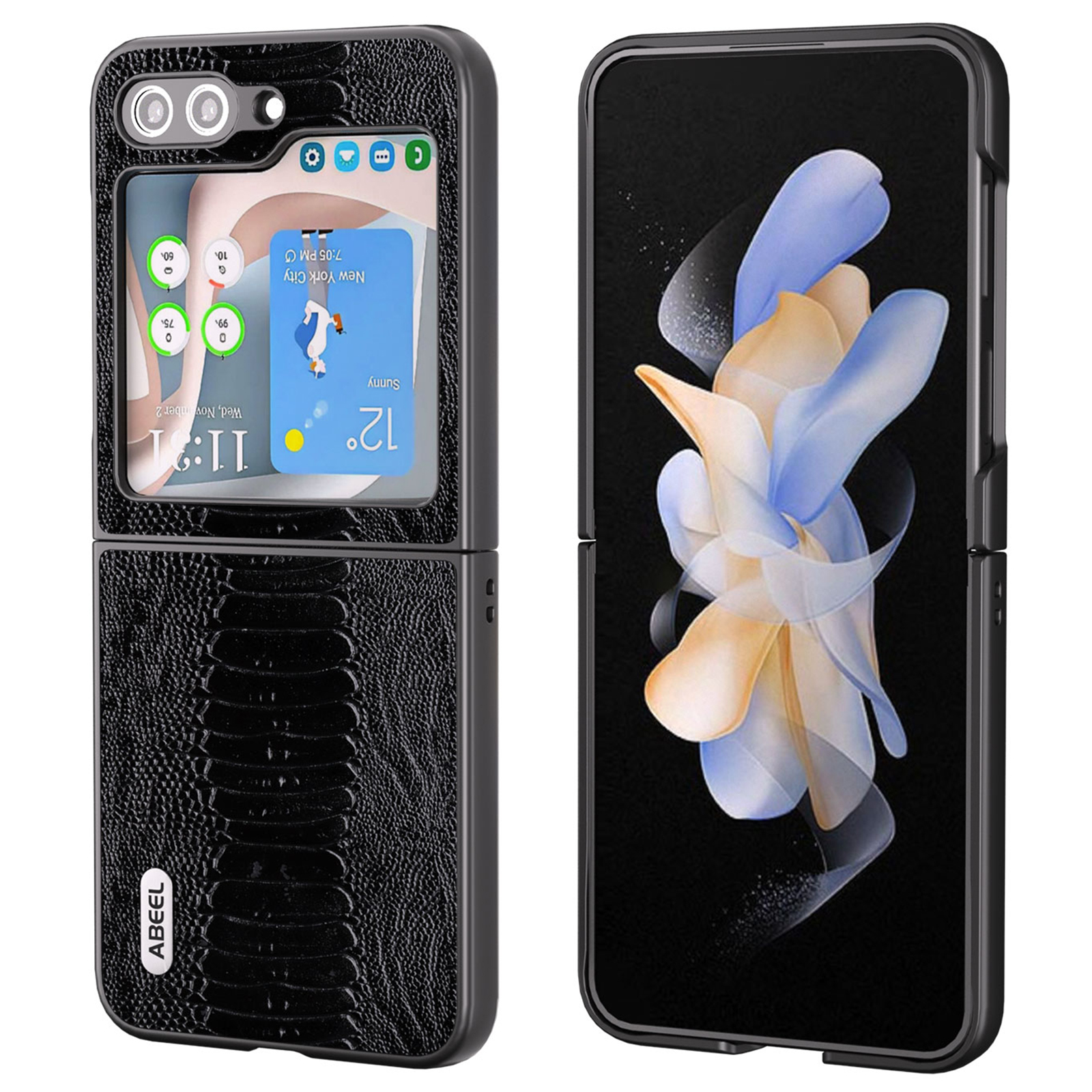 

ABEEL Für Samsung Galaxy Z Flip5 5G Krokodiltextur Slim Hülle Echtes Kuhleder + PC Falten Telefonabdeckung - Schwarz, Galaxy Z Flip5 5G