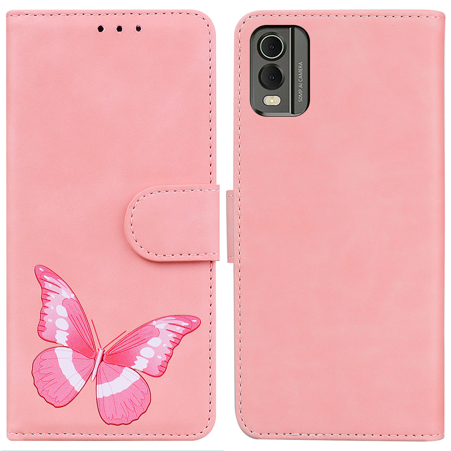 

Brieftasche Hülle Für Nokia C32 PU Leder Schmetterlingsdruckständer Flip Telefonabdeckung - Rosa, Nokia C32