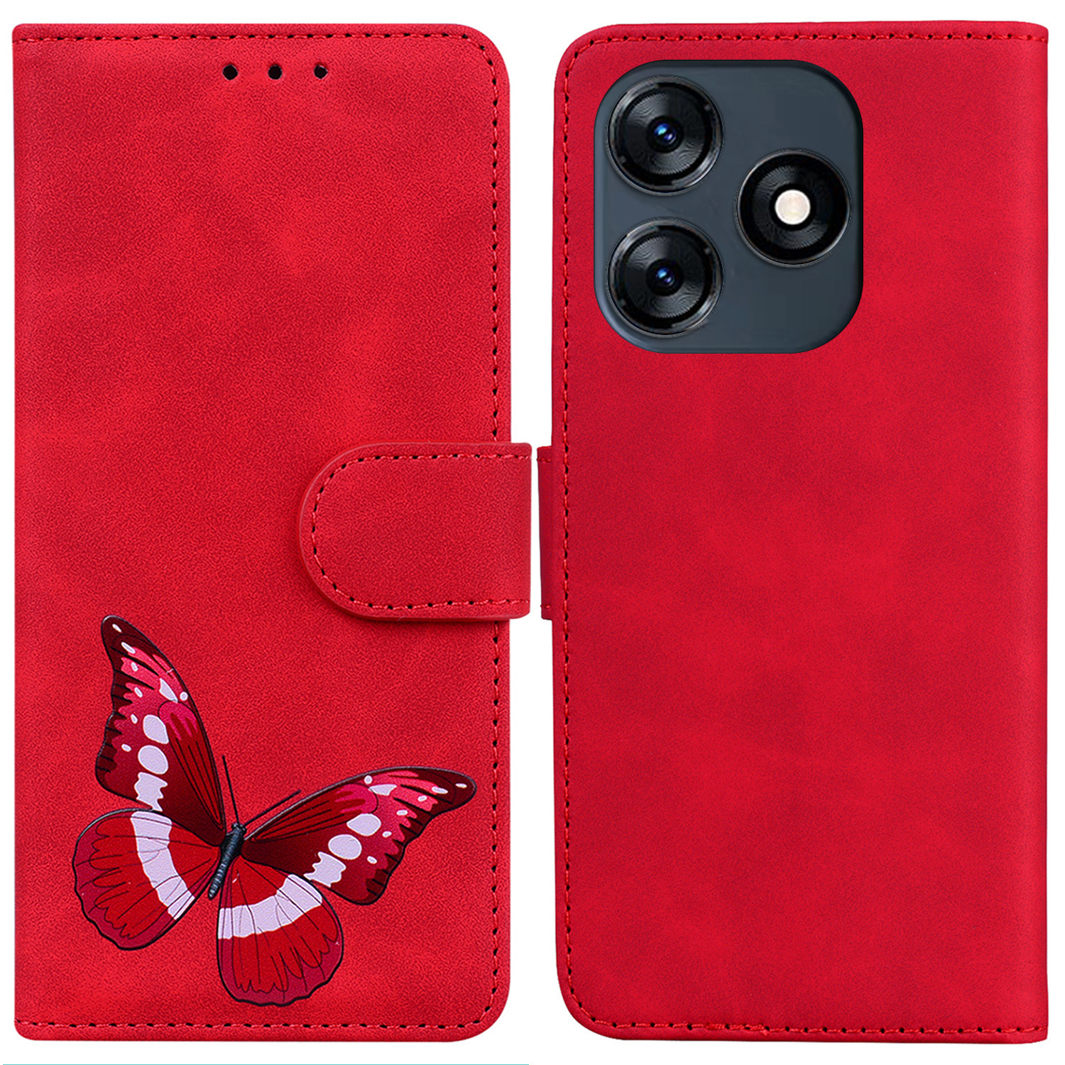 

PU Ledertasche Für Tecno Spark 10 4g / 10c 4g, Haut-touch-schmetterlingsdruckstilltäfte Flip-abdeckung - Rot, Tecno Spark 10 4G
