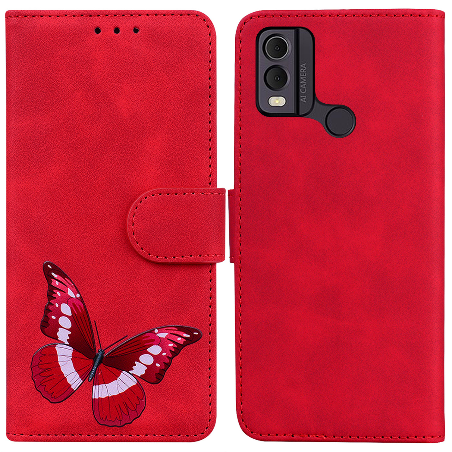 

Skin-touch PU Leder Hülle Für Nokia C22 Schmetterlingsdruckbrieftasche Telefonständer Abdeckung - Rot, Nokia C22