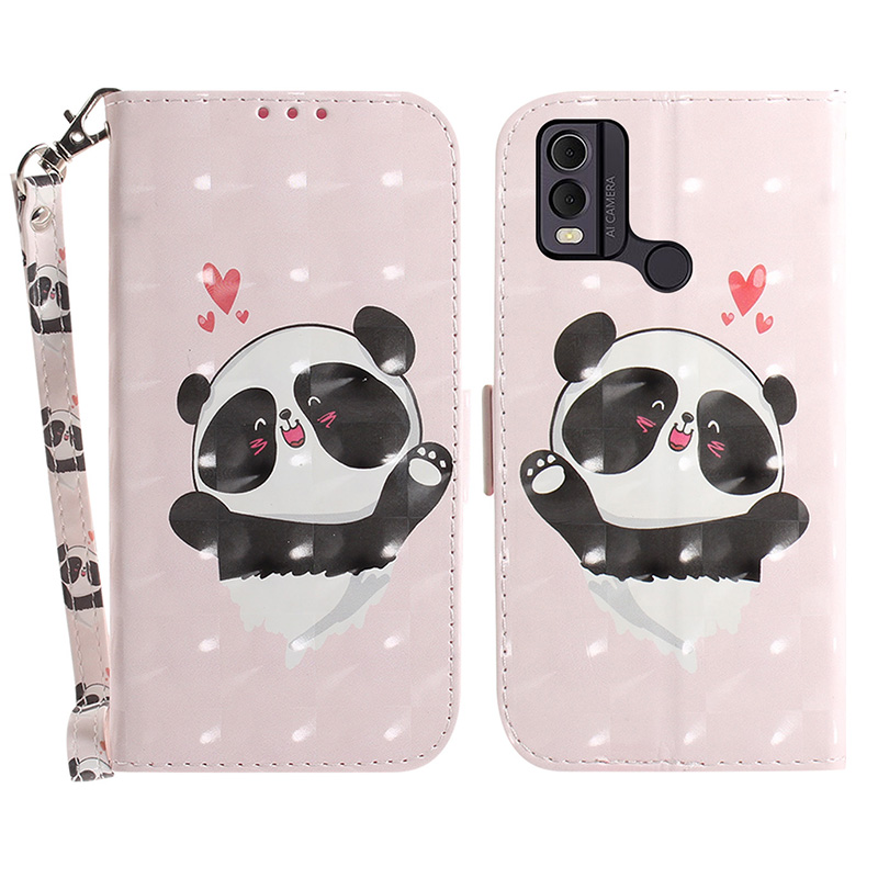 

Muster Bedruckte Pu-leder-telefonabdeckung Für Nokia C22 Anti-kratzer-brieftaschenhülle Mit Riemen - Liebe Herz Panda, Nokia C22