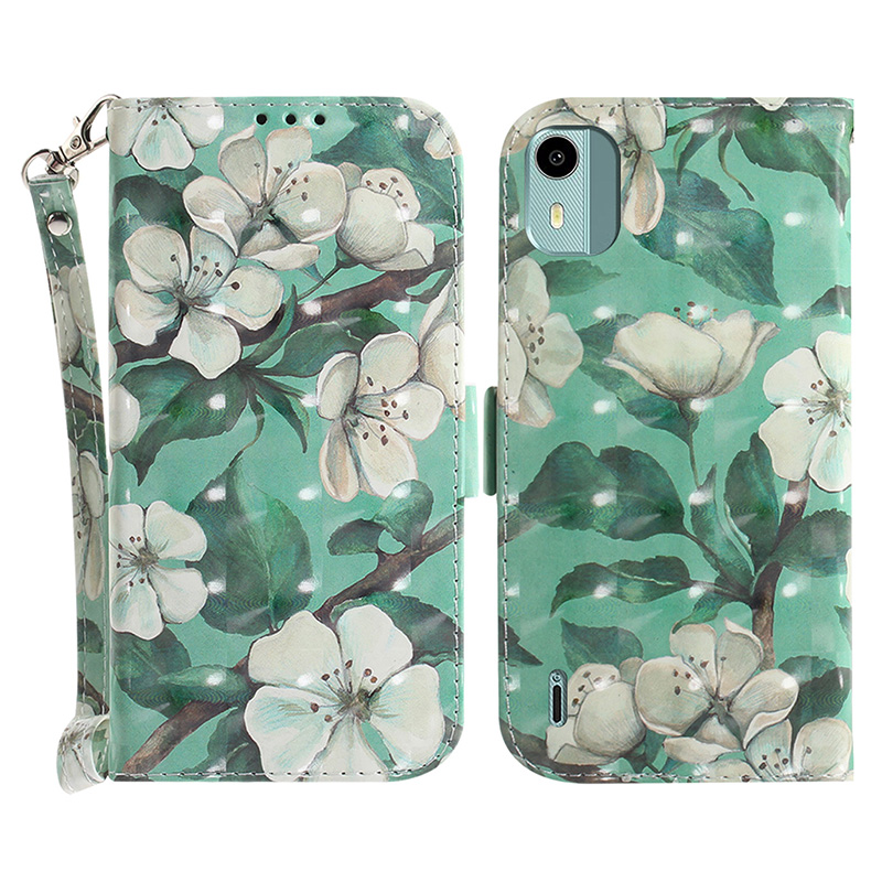 

Für Nokia C12 4G / C12 Plus / C12 Pro 3D Muster Bedrucktes Lederabdeckungsständer Brieftaschenhülle Mit Riemen - Aquarellblüten, Nokia C12 4G