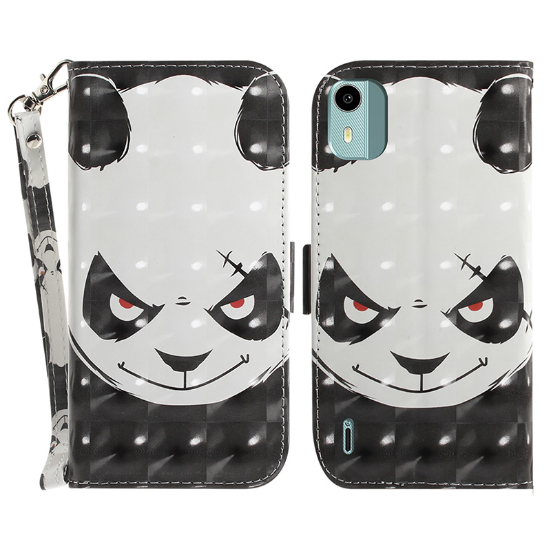 

Für Nokia C12 4G / C12 Plus / C12 Pro 3D Muster Bedrucktes Lederabdeckungsständer Brieftaschenhülle Mit Riemen - Wütender Panda, Nokia C12 4G