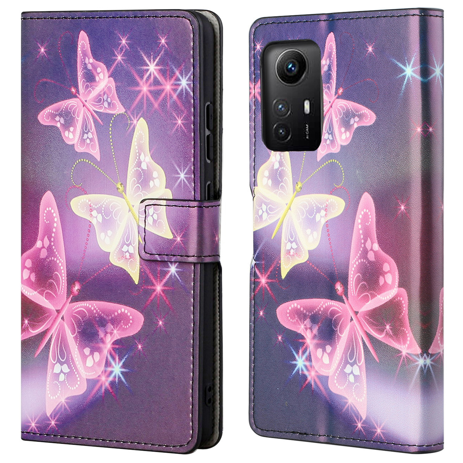 

Für Xiaomi Redmi Note 12s 4G Leder Telefonabdeckungsmuster Druckphase Mit Ständer Brieftasche - Glanz Schmetterlinge, Xiaomi Redmi Note 12S 4G