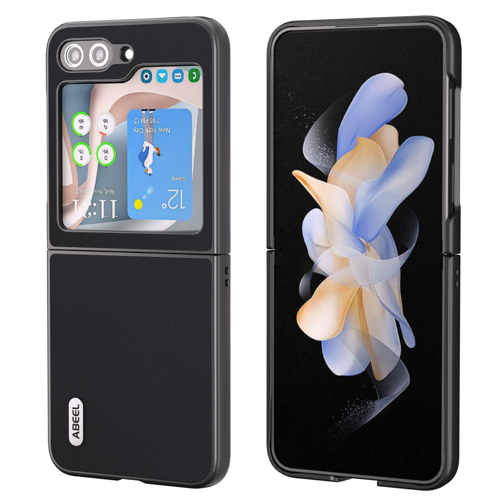

ABEEL Für Samsung Galaxy Z Flip5 5G Schockdes Telefonhülle Kuhspurleder -leder Beschichtete PC Schlanke Klappabdeckung - Schwarz, Galaxy Z Flip5 5G