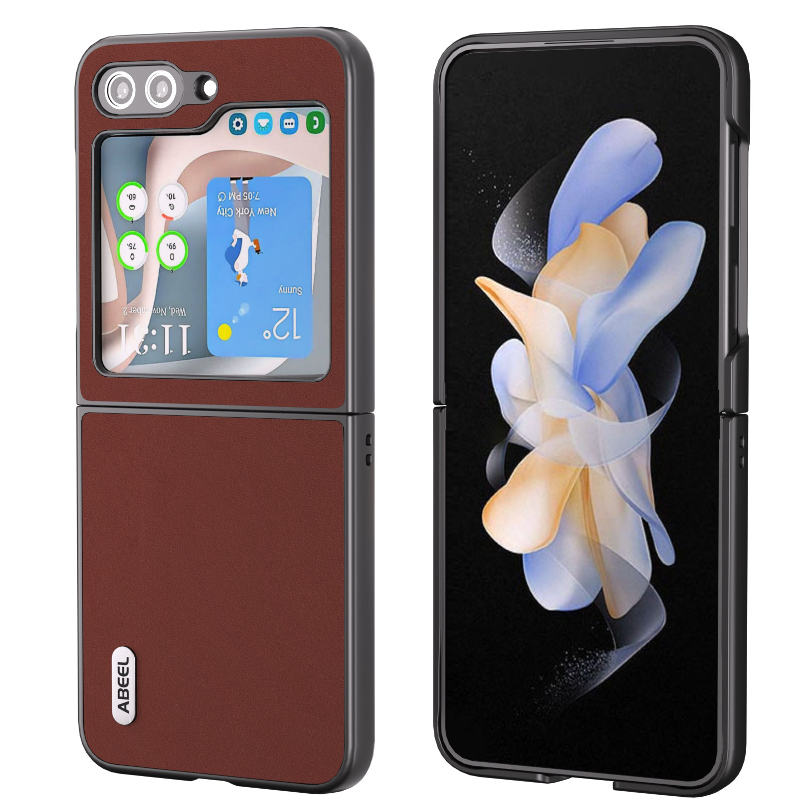 

ABEEL Für Samsung Galaxy Z Flip5 5G Schockdes Telefonhülle Kuhspurleder -leder Beschichtete PC Schlanke Klappabdeckung - Kaffee, Galaxy Z Flip5 5G