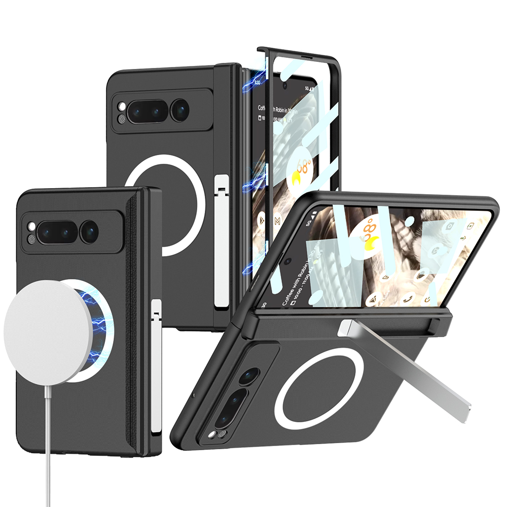 

GKK Für Google Pixel Fold Magnetic Hard PC Phone Hülle Scharnierschutz Kickstand Cover Mit Temperaturem Glafilm - Schwarz, Google Pixel Fold