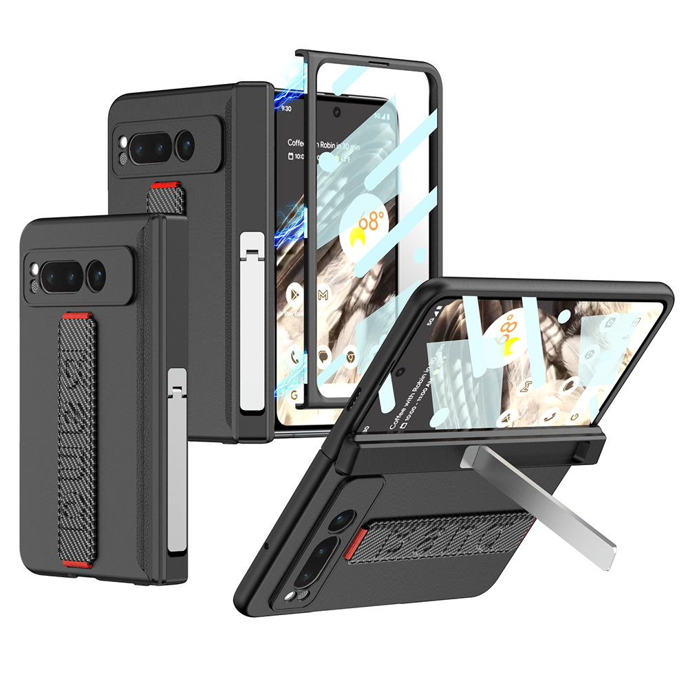 

GKK Für Google Pixel Faltenmagnetscharnierschutz PC Case Armband Kickstand Telefonabdeckung Mit Temperamentvollem Glasschildfilm - Kohlefaser, Google Pixel Fold
