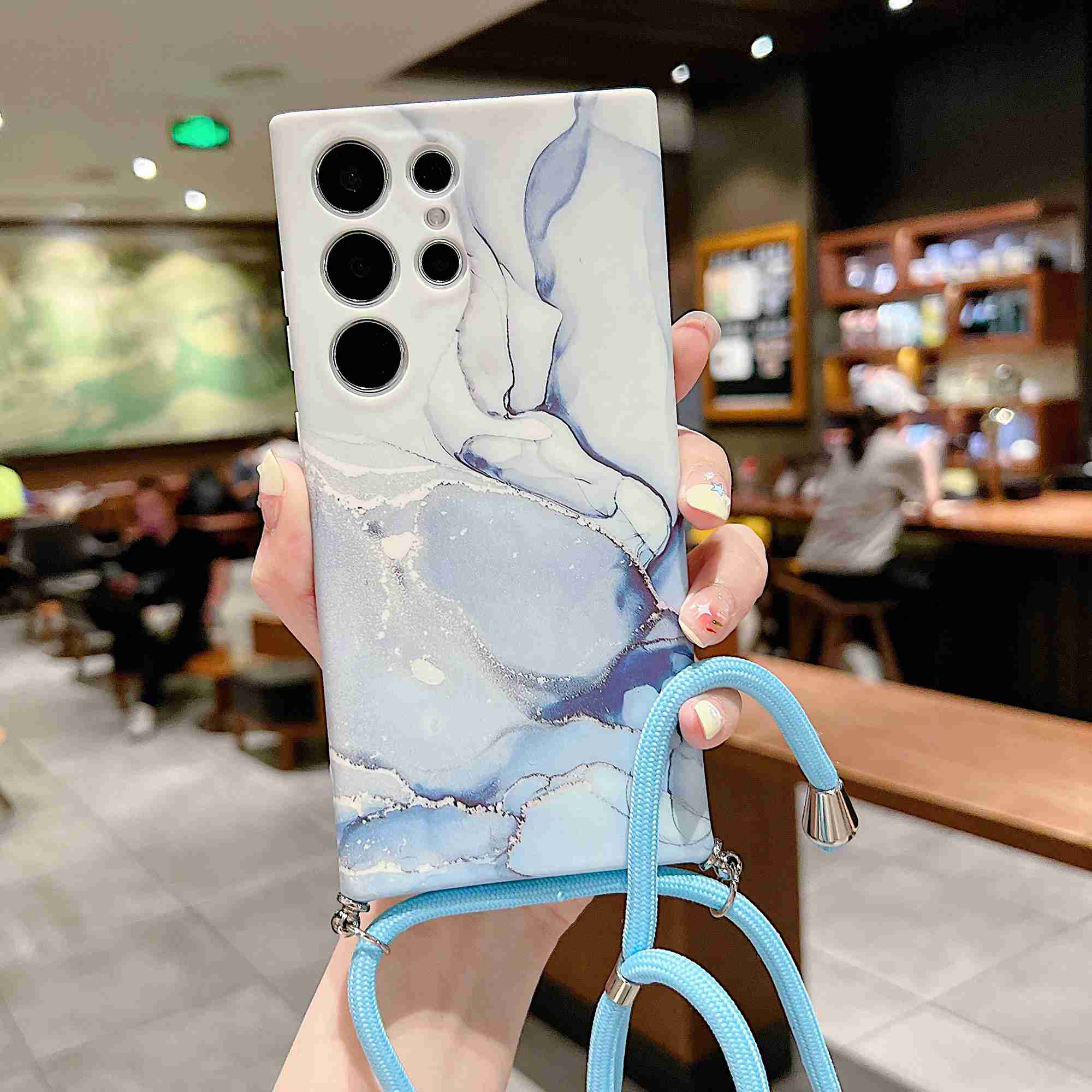 

Für Samsung Galaxy S23 Ultra Soft TPU Back Case IMD Marmormuster Telefonabdeckung Mit Schultergurt - Weiss, Galaxy S23 Ultra