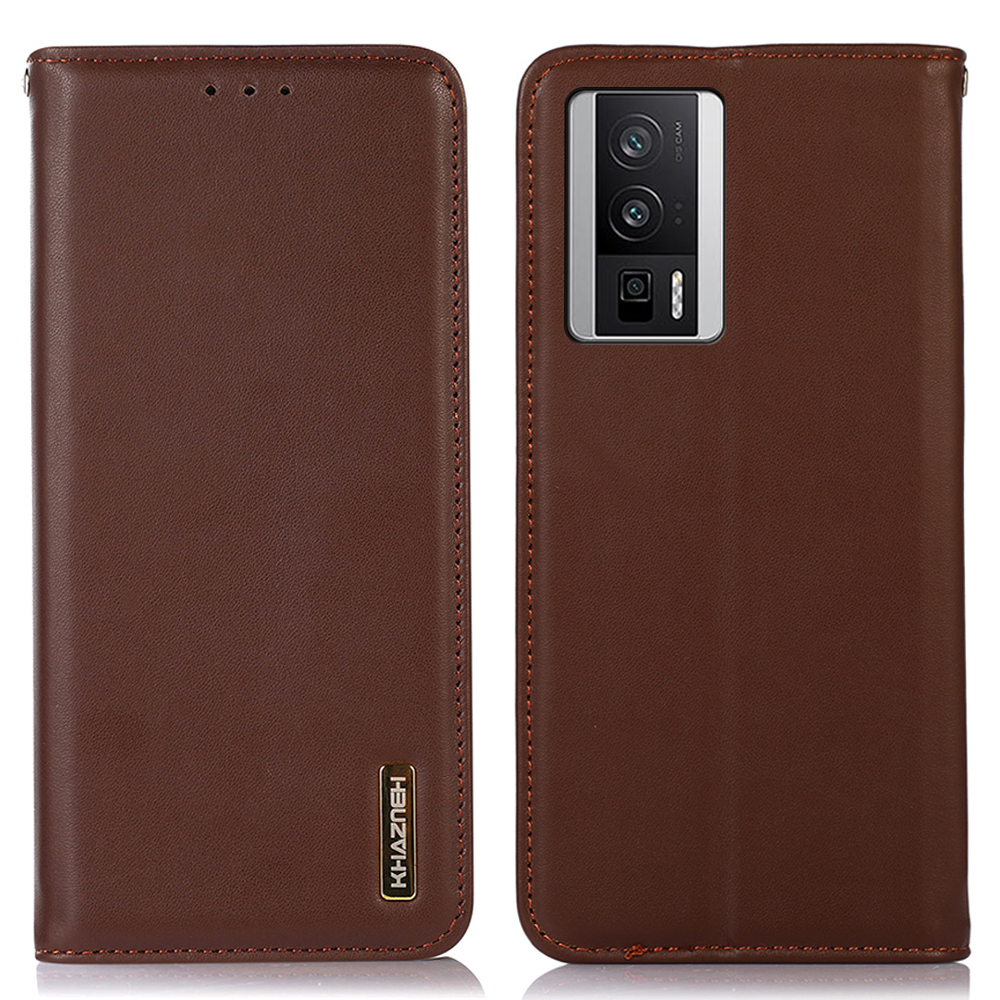 

Khazneh Für Xiaomi Poco F5 Pro 5G / Redmi K60 5G / K60 Pro 5G Echtes Kuhladen -leder -brieftaschenhülle RFID -blockierungsständer Cover - Braun, Xiaomi Redmi K60 5G