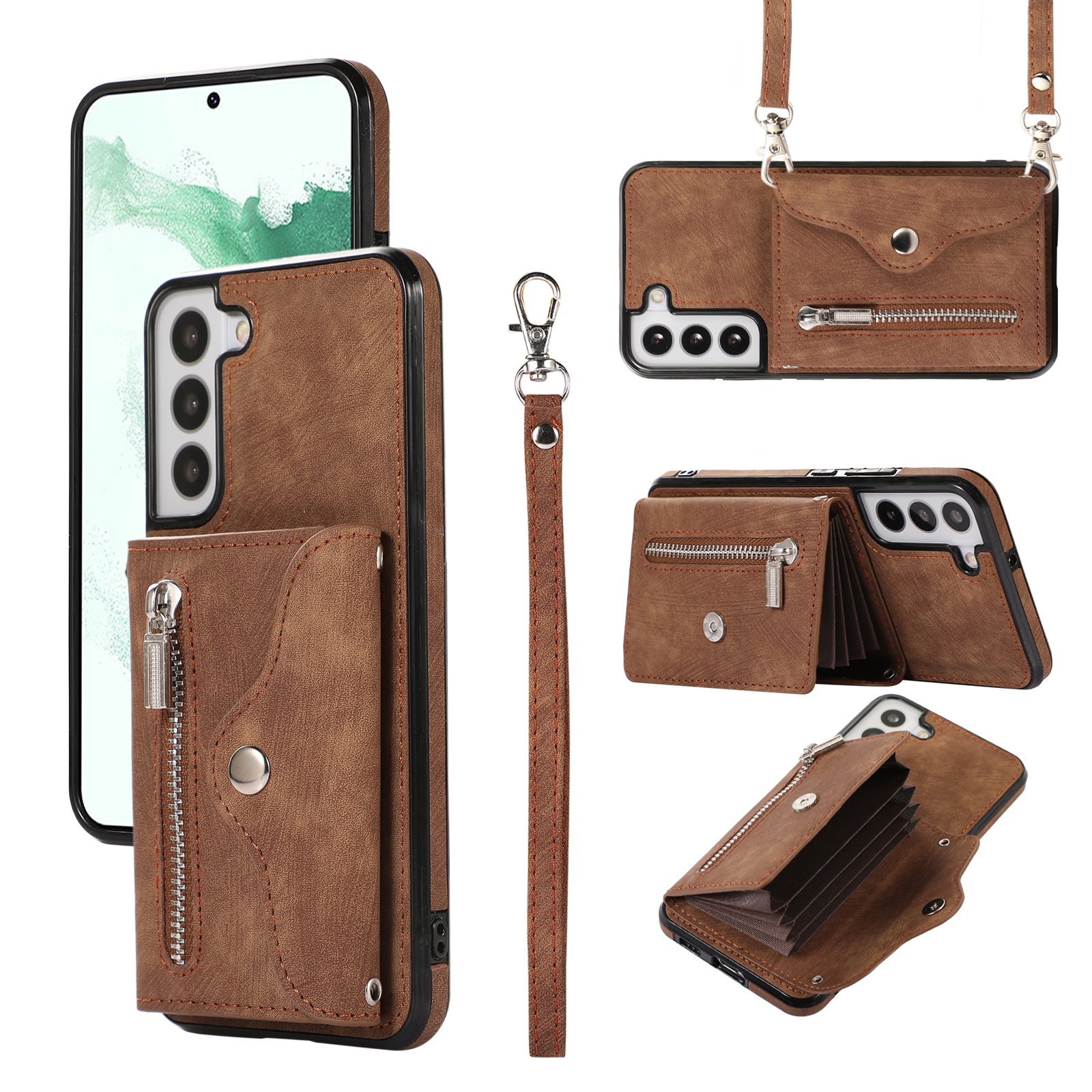 

Für Samsung Galaxy S22 5G Telefonhülle Kickstand RFID Blocking Card Bag PU Leder+tpu -abdeckung - Braun, Galaxy S22 5G
