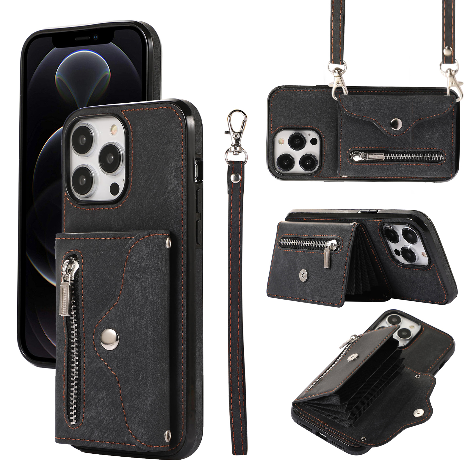 

Für Das Iphone 12 Pro Max 6,7 Zoll PU Leder+tpu Phone Hülle RFID Blocking Card Bag Kickstand Cover Mit 2 Trägern - Schwarz, iPhone 12 Pro Max