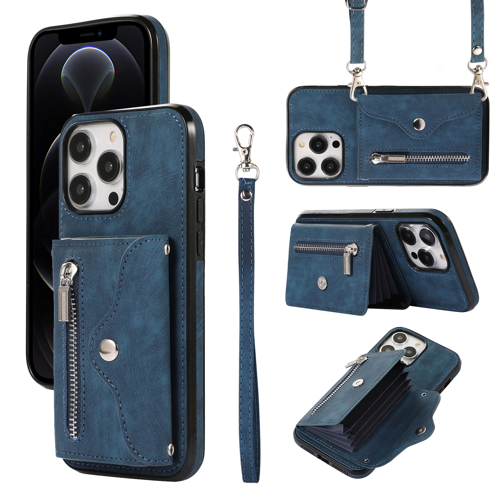 

Für Das Iphone 12 Pro Max 6,7 Zoll PU Leder+tpu Phone Hülle RFID Blocking Card Bag Kickstand Cover Mit 2 Trägern - Blau, iPhone 12 Pro Max