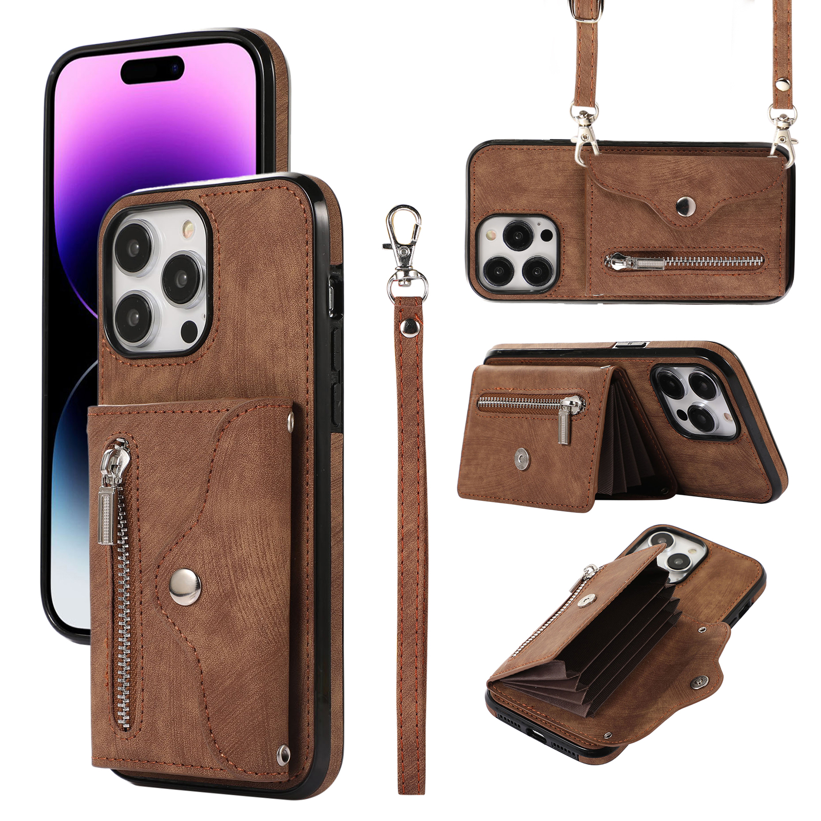 

Für Iphone 14 Pro PU Leder+tpu Scratch Proof Phone Case Kickstand -cover Mit RFID -blockierungskartenbeutel - Braun, iPhone 14 Pro