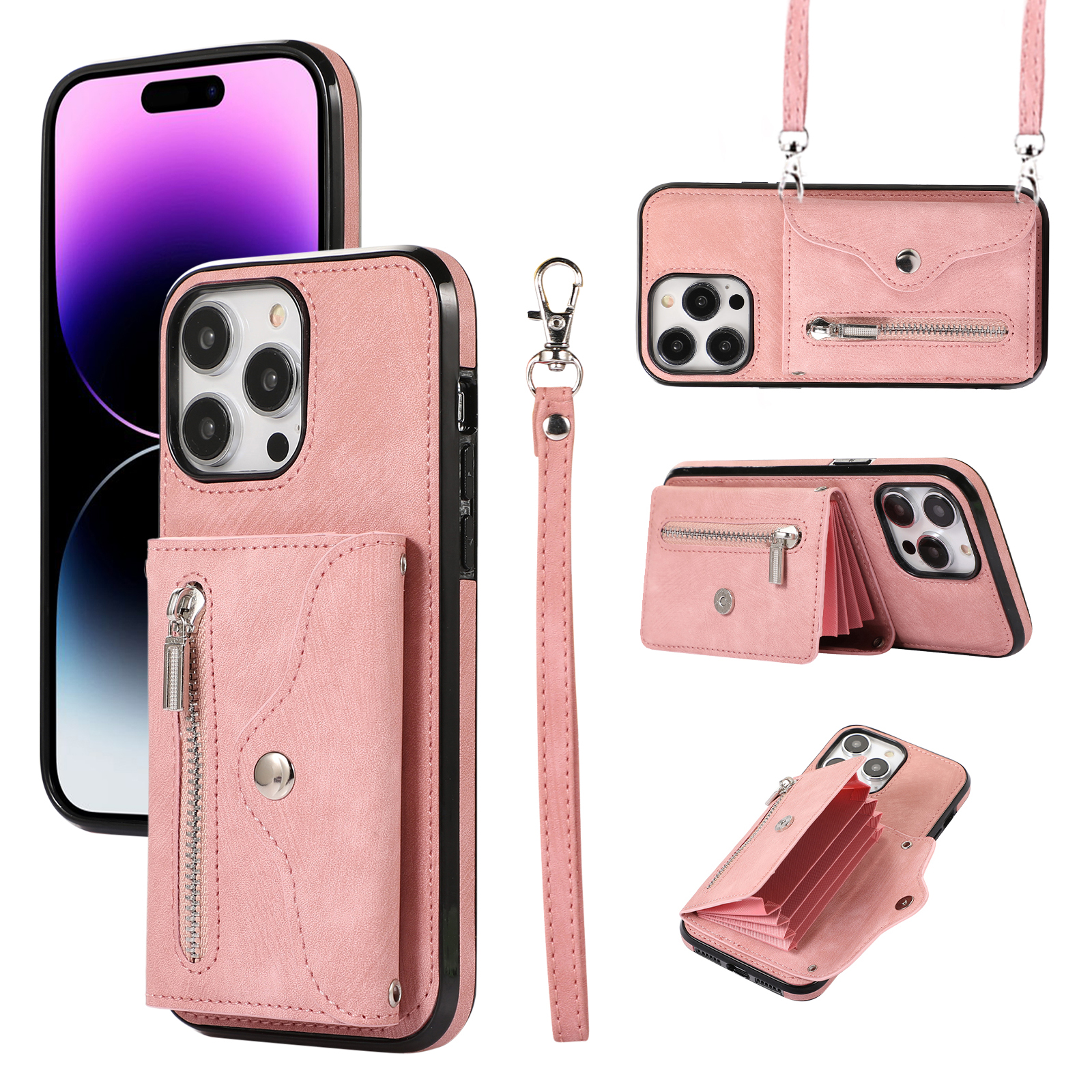 

Für Iphone 14 Pro PU Leder+tpu Scratch Proof Phone Case Kickstand -cover Mit RFID -blockierungskartenbeutel - Roségold, iPhone 14 Pro