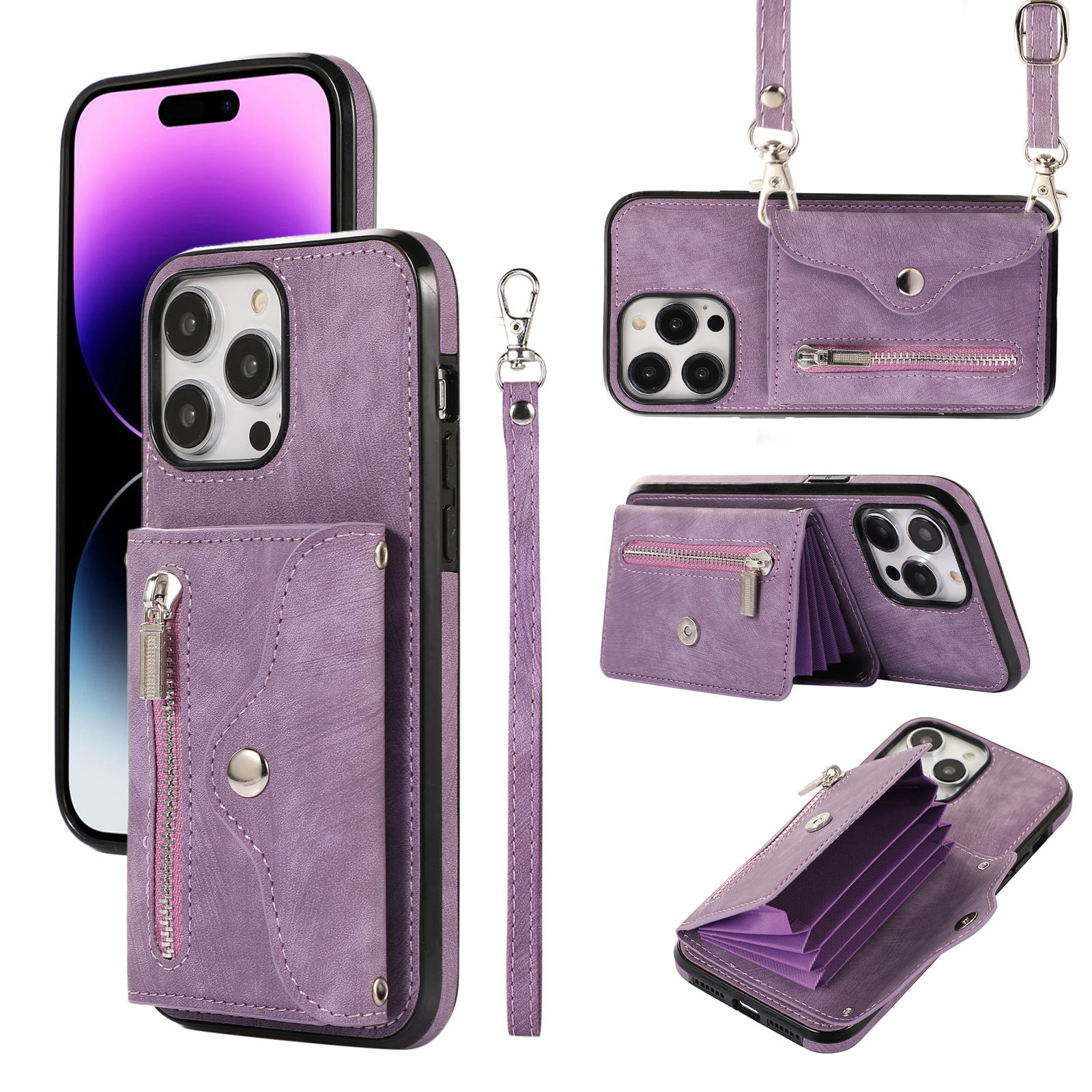 

Für Iphone 14 Pro PU Leder+tpu Scratch Proof Phone Case Kickstand -cover Mit RFID -blockierungskartenbeutel - Lila, iPhone 14 Pro