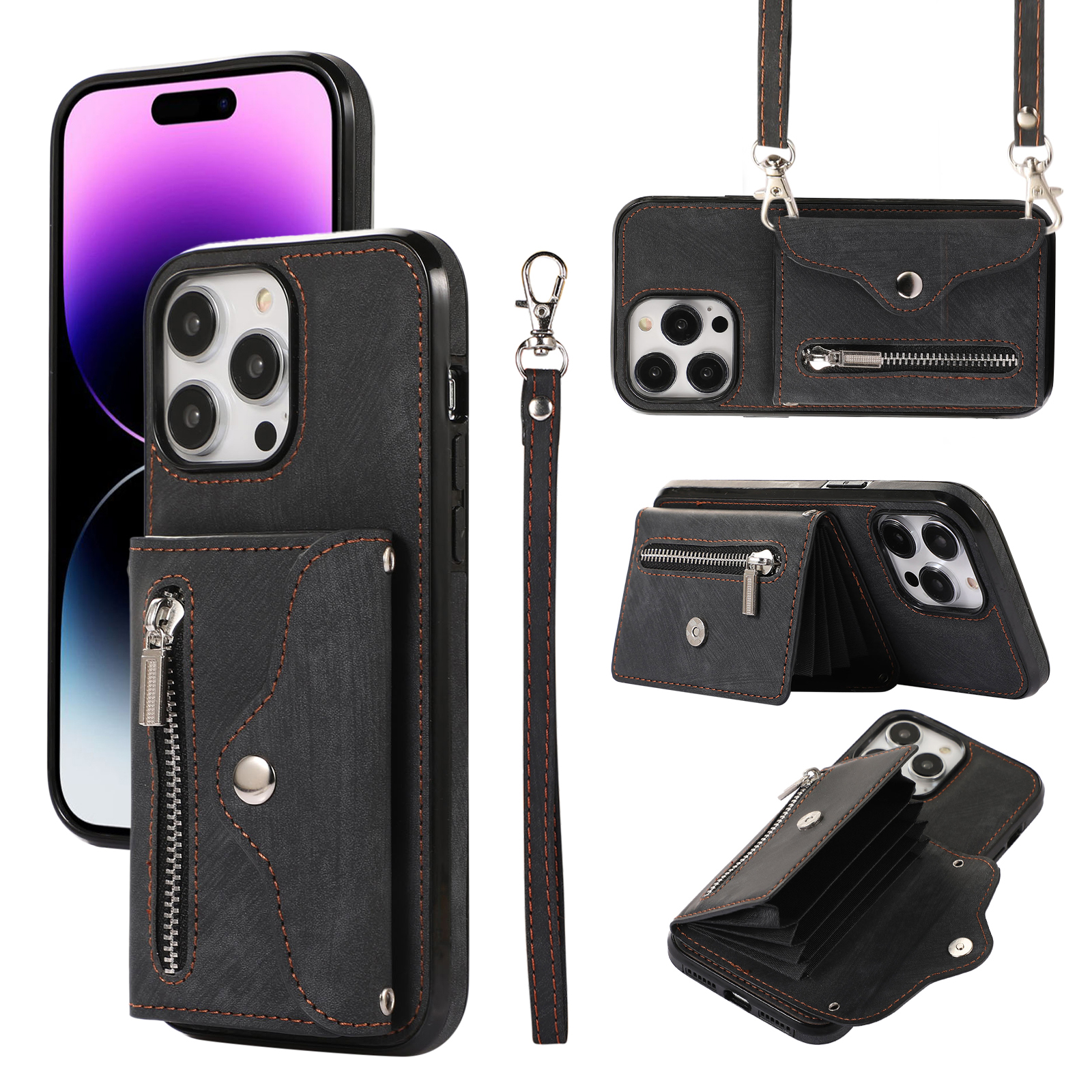 

Für Iphone 14 Pro PU Leder+tpu Scratch Proof Phone Case Kickstand -cover Mit RFID -blockierungskartenbeutel - Schwarz, iPhone 14 Pro