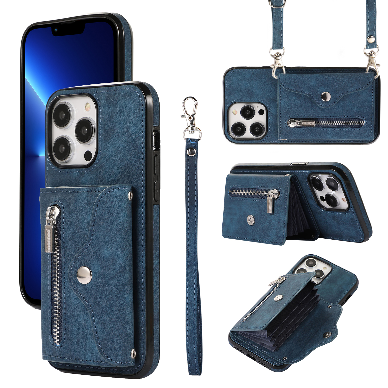 

Mobiltelefonhülle Für Iphone 13 Pro Max 6,7 Zoll PU Leder+tpu Kickstand RFID -blocking -kartenbeutel Rückseite - Blau, iPhone 13 Pro Max