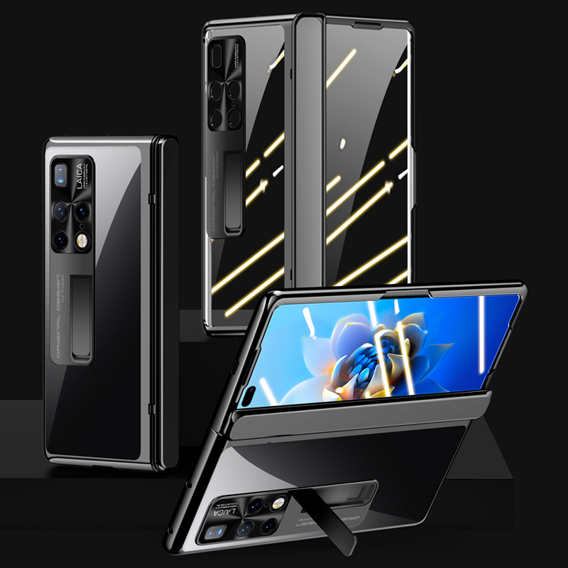 

Für Huawei Mate X2 4g / 5G Elektroplierende PC -telefonkoffer Scharnierschutz Kickstand Telefonabdeckung Mit Temperamentvollem Glasfilm - Schwarz, Huawei Mate X2 5G