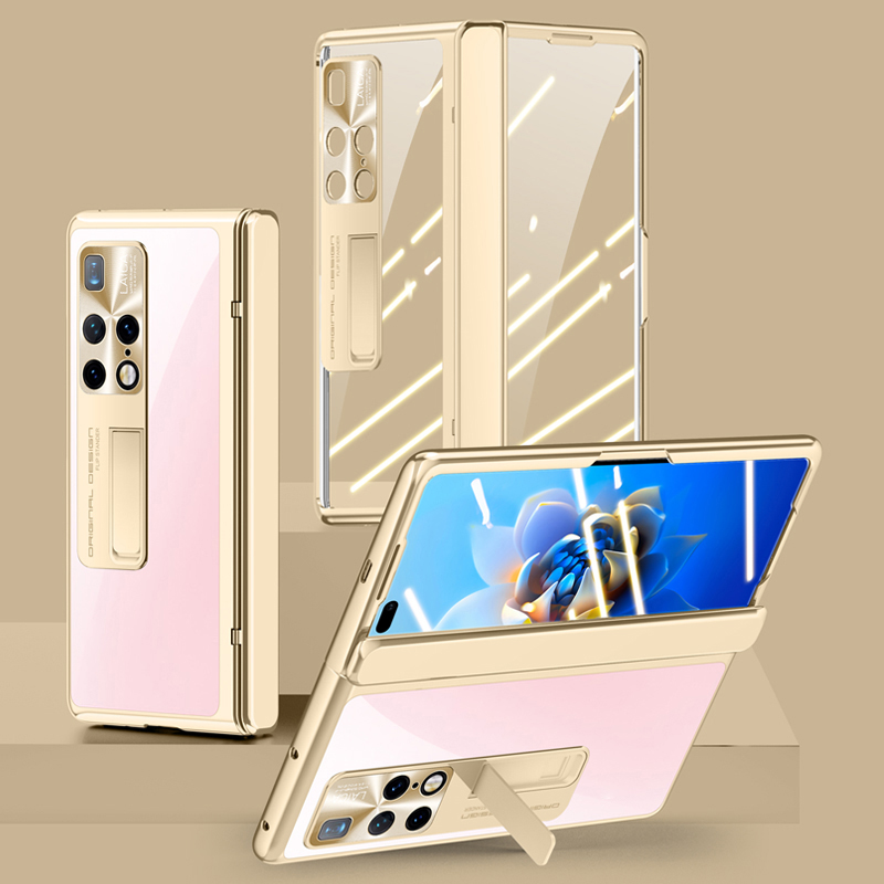 

Für Huawei Mate X2 4g / 5G Elektroplierende PC -telefonkoffer Scharnierschutz Kickstand Telefonabdeckung Mit Temperamentvollem Glasfilm - Gold, Huawei Mate X2 5G