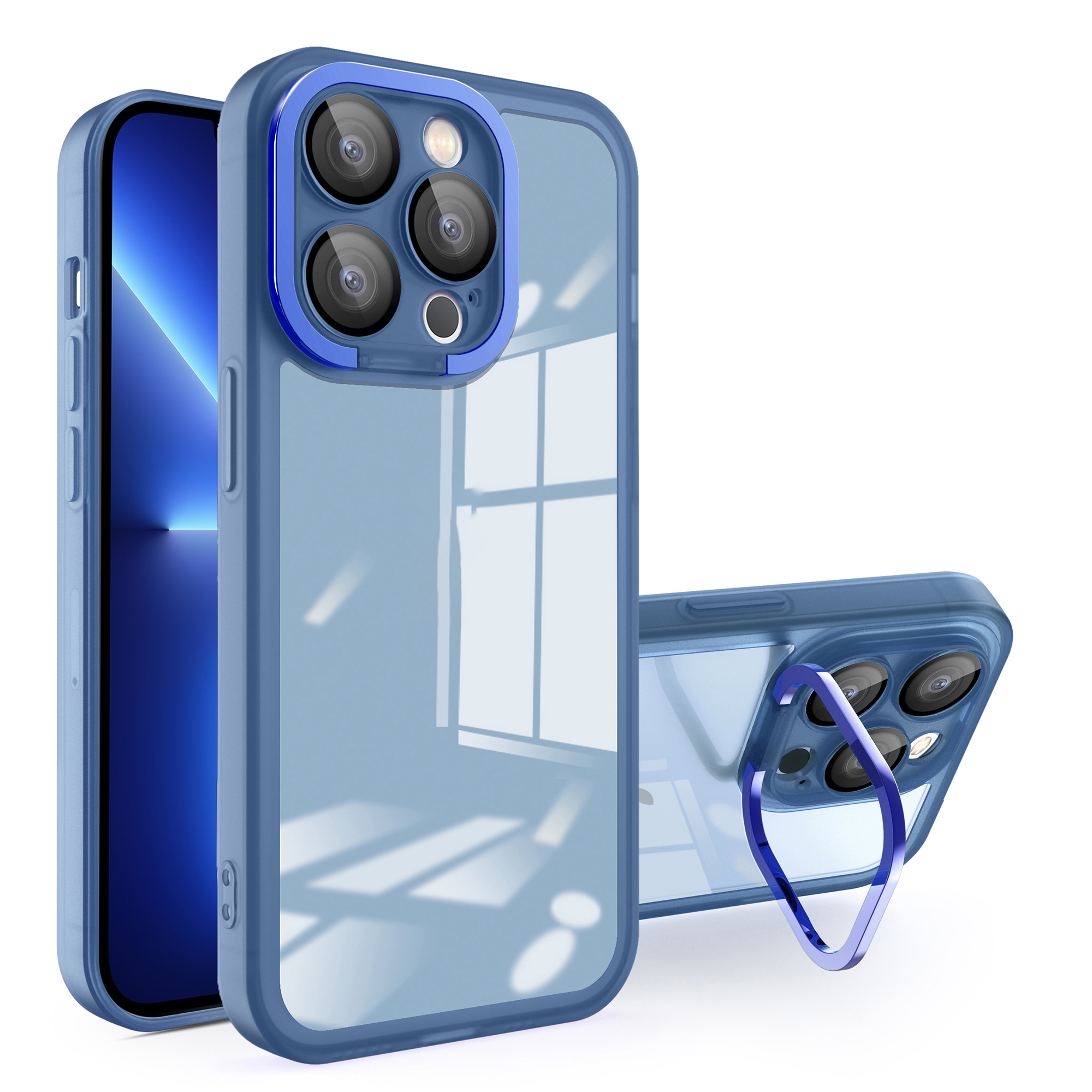 

Für Das Iphone 13 Pro Max Matte Clear Phone Case Acryl+pc+tpu -kickstand -cover Mit Glaslinsenfilm - Saphir, iPhone 13 Pro Max