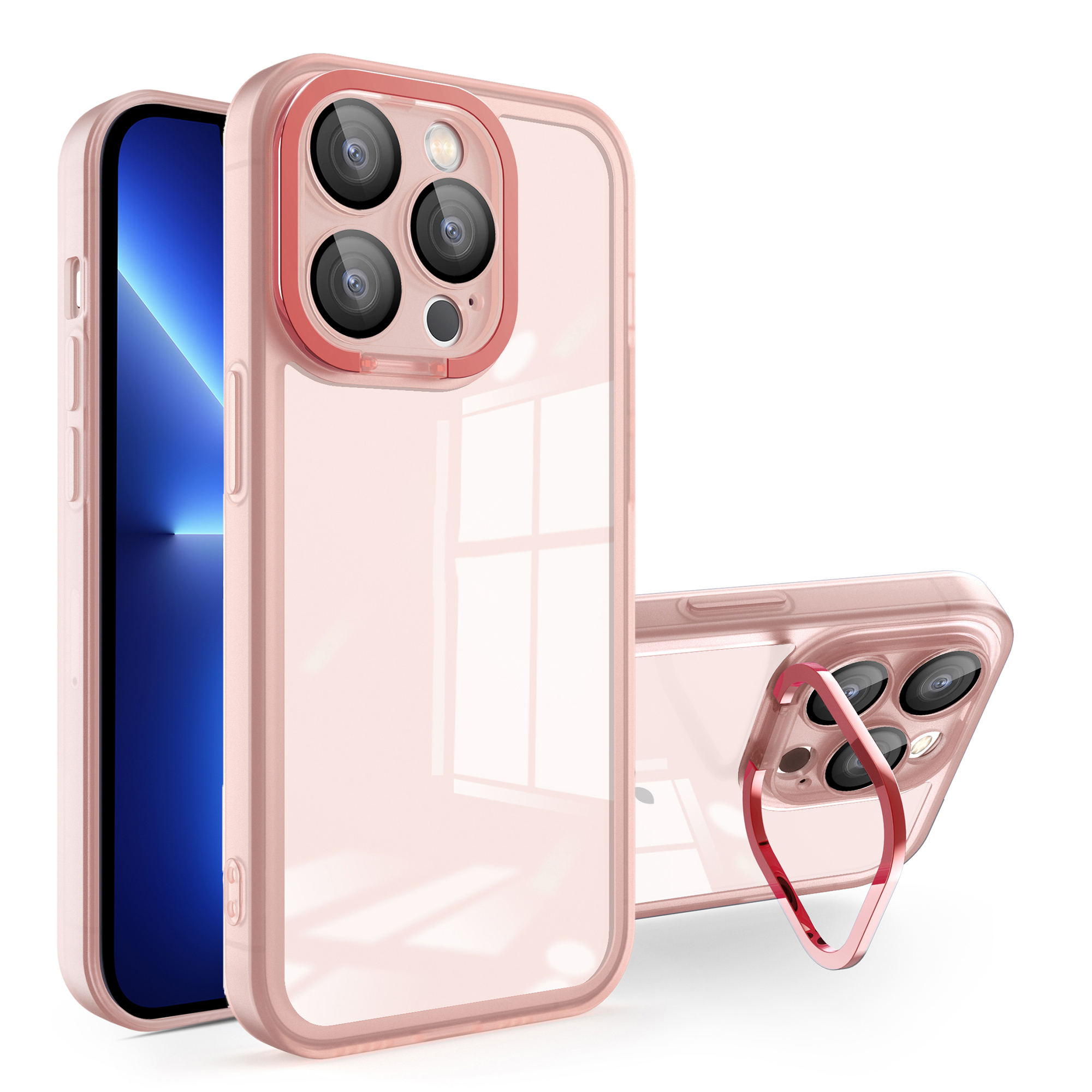 

Für Das Iphone 13 Pro Max Matte Clear Phone Case Acryl+pc+tpu -kickstand -cover Mit Glaslinsenfilm - Rosa, iPhone 13 Pro Max