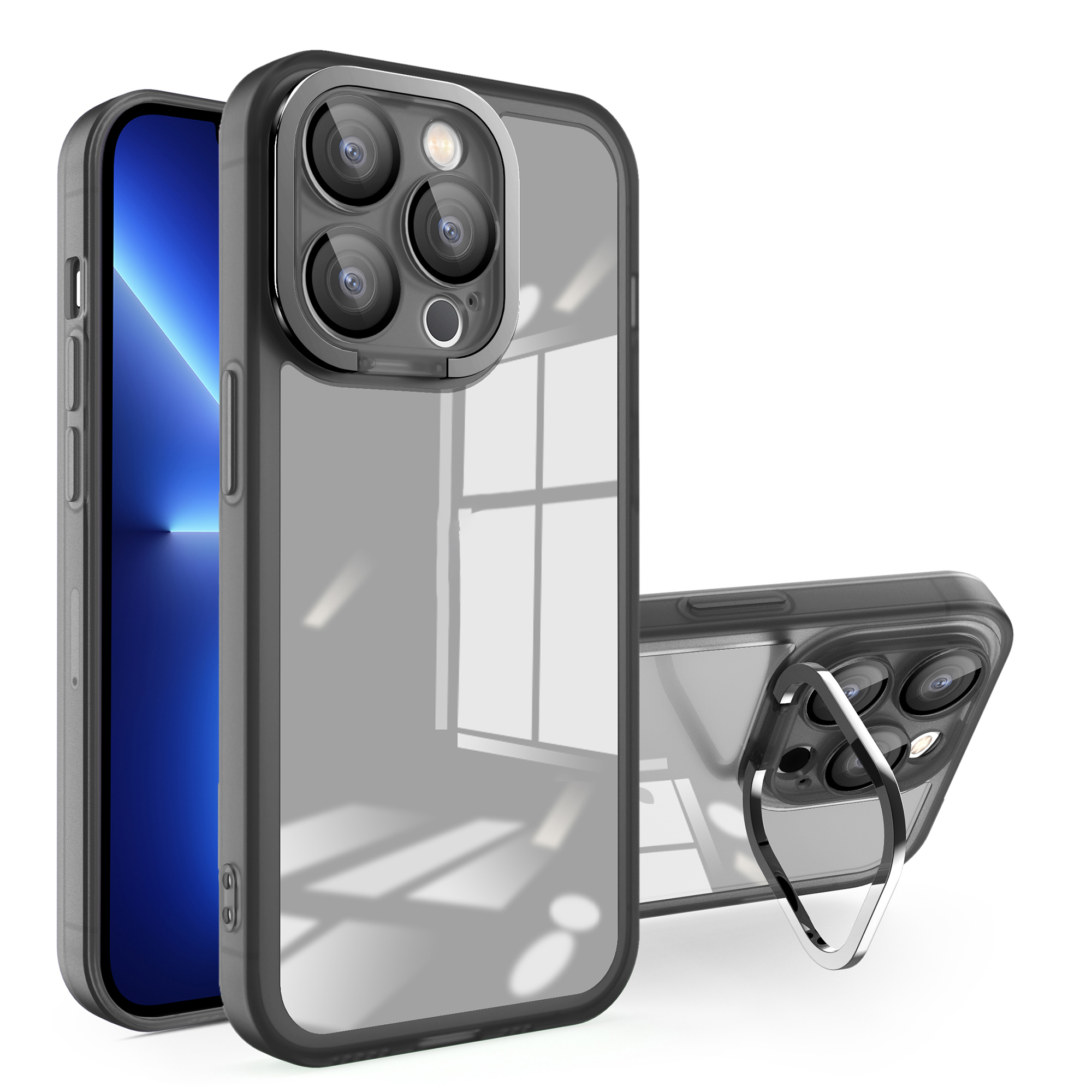 

Für Das Iphone 13 Pro Max Matte Clear Phone Case Acryl+pc+tpu -kickstand -cover Mit Glaslinsenfilm - Schwarz, iPhone 13 Pro Max