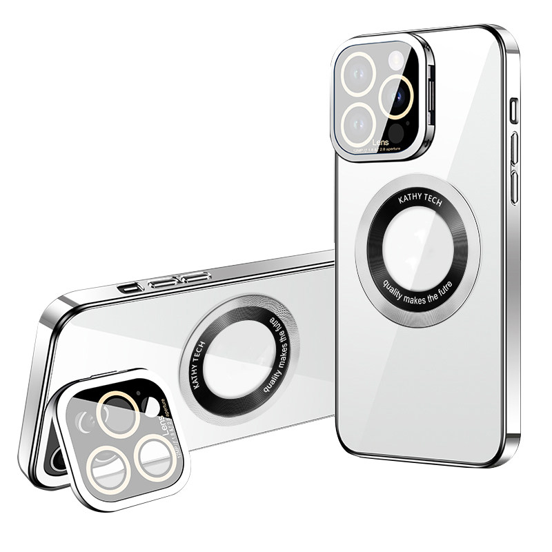

Für Das Iphone 13 Pro Max Soft TPU Elektroplierende Telefonhülle Kickstand Cover Mit Lens Film - Silber, iPhone 13 Pro Max