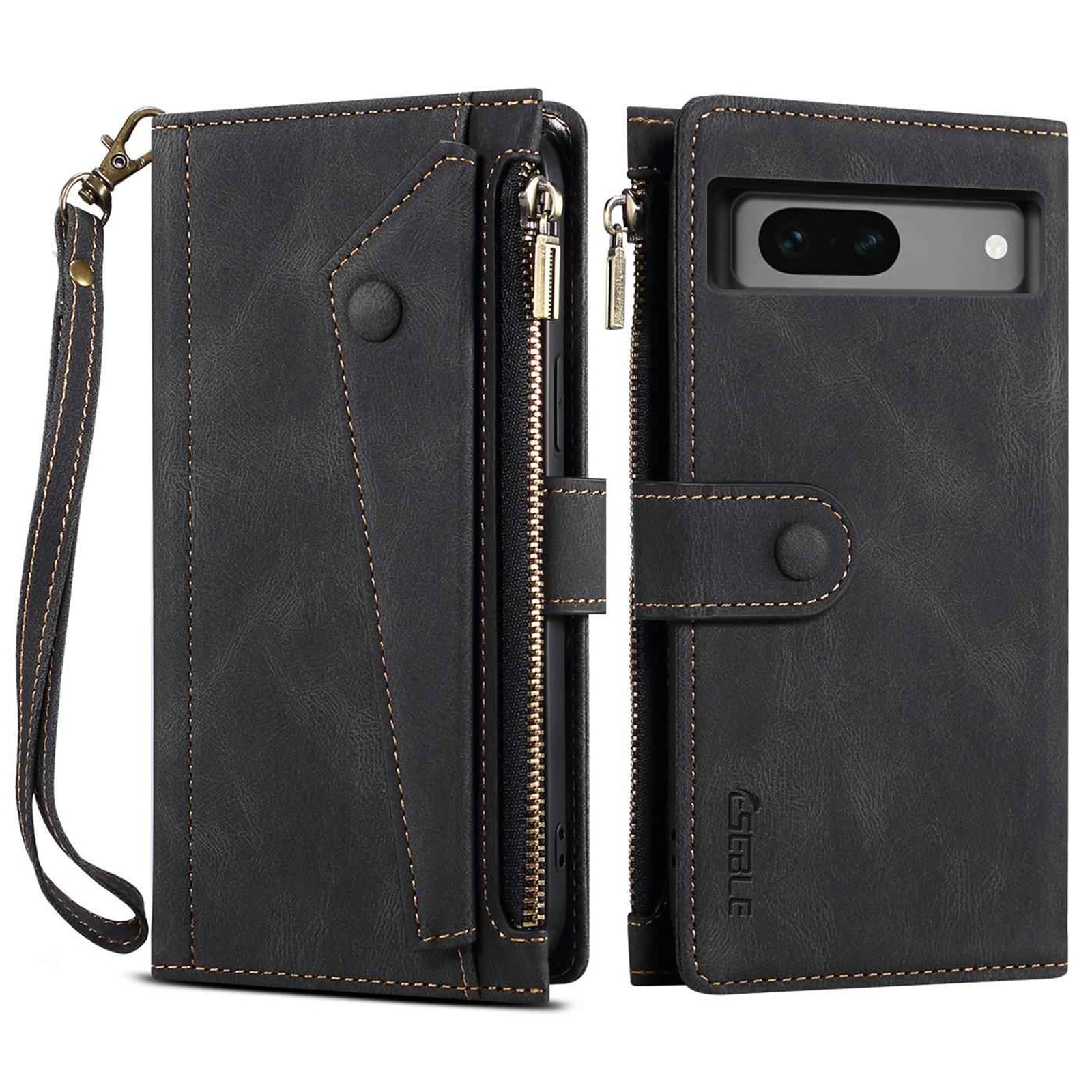 

Eseble Star Series Phone Stand Hülle Für Google Pixel 7a Reißverschluss Pocket Wallet Leder Telefonabdeckung - Schwarz, Google Pixel 7a