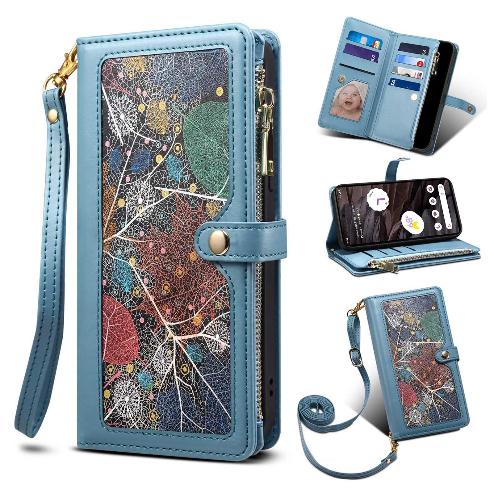 

Eseble Galaxy -serie Für Google Pixel 7a PU Leder Telefonhülle Reißverschluss Pocket RFID Blocking Wallet Stand Cover - Blau, Google Pixel 7a