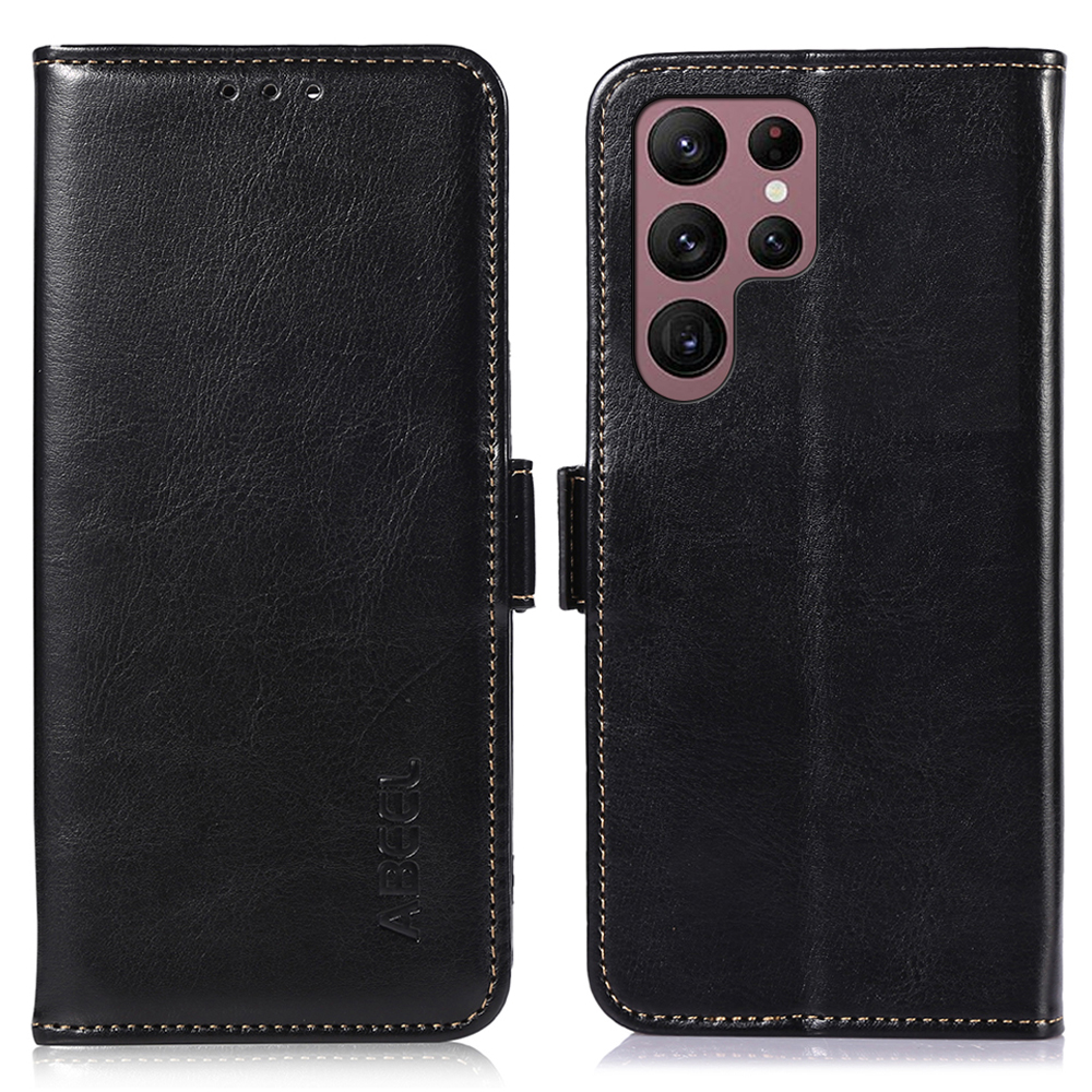 

ABEEL Für Samsung Galaxy S22 Ultra Leder Hülle Crazy Horse Texture Phone Deckung Mit Brieftaschenstand - Schwarz, Galaxy S22 Ultra 5G