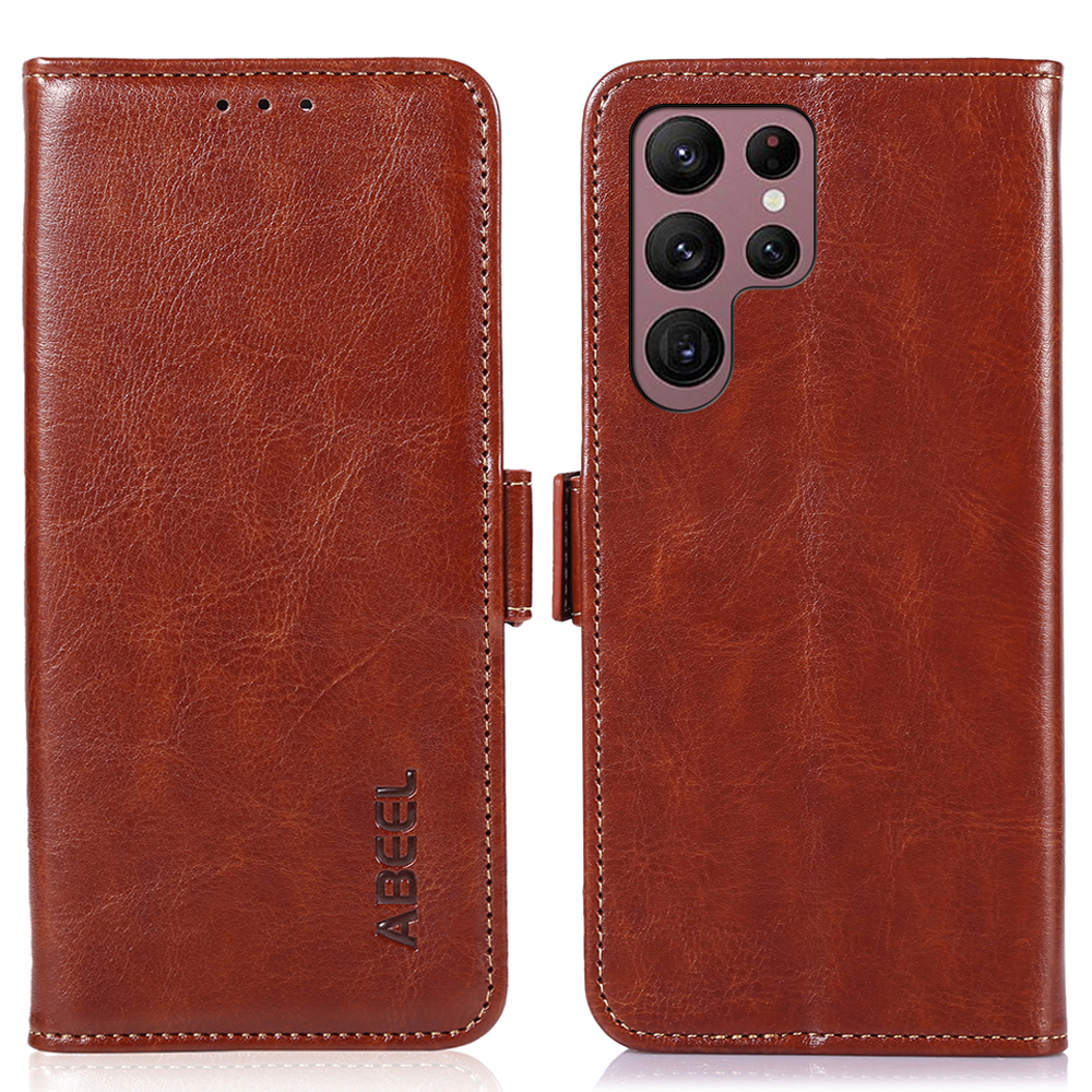 

ABEEL Für Samsung Galaxy S23 Ultra -telefon Brieftaschenhülle Crazy Horse Textur Lederständer Cover - Braun, Galaxy S23 Ultra