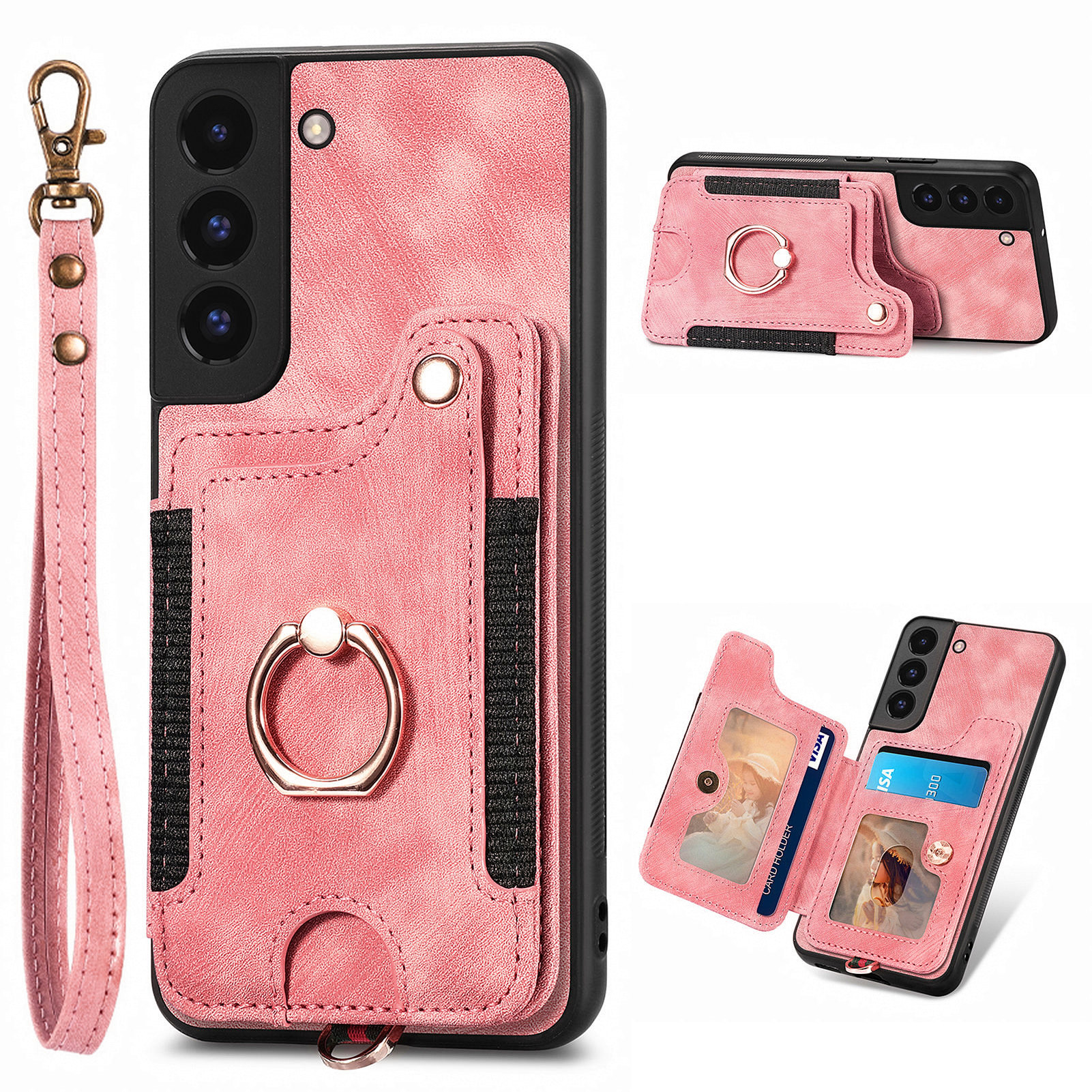 

Für Samsung Galaxy S22+ 5G Kickstand -telefonhülle PU -leder -pc+ Tpu RFID -blockierungskartenschlitzabdeckung - Rosa, Galaxy S22+ 5G