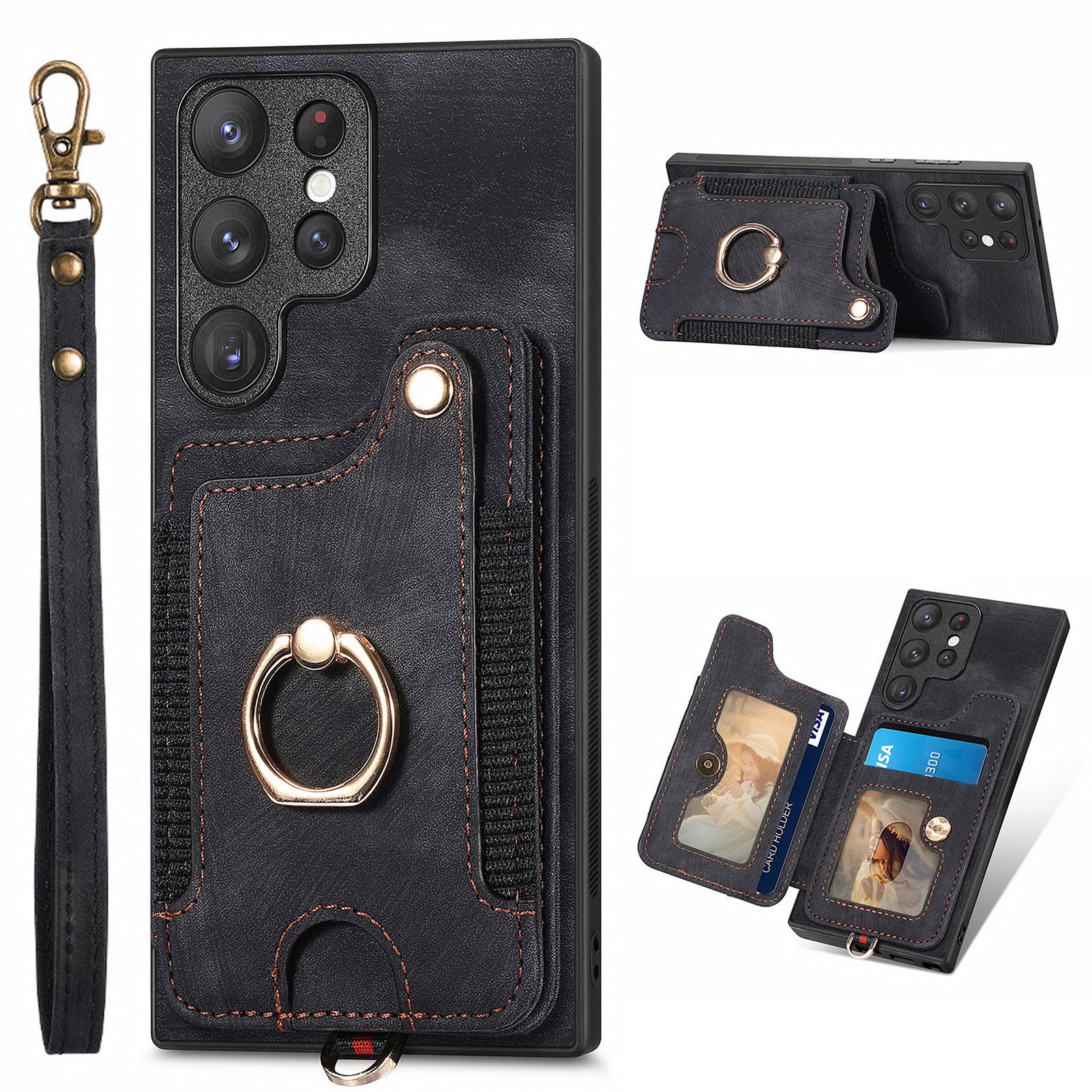 

Für Samsung Galaxy S22 Ultra 5G PU Lederbeschichteter PC+TPU Rückdecke RFID -blockierungskarten -slot -kickstand -telefonhülle - Schwarz, Galaxy S22 Ultra 5G