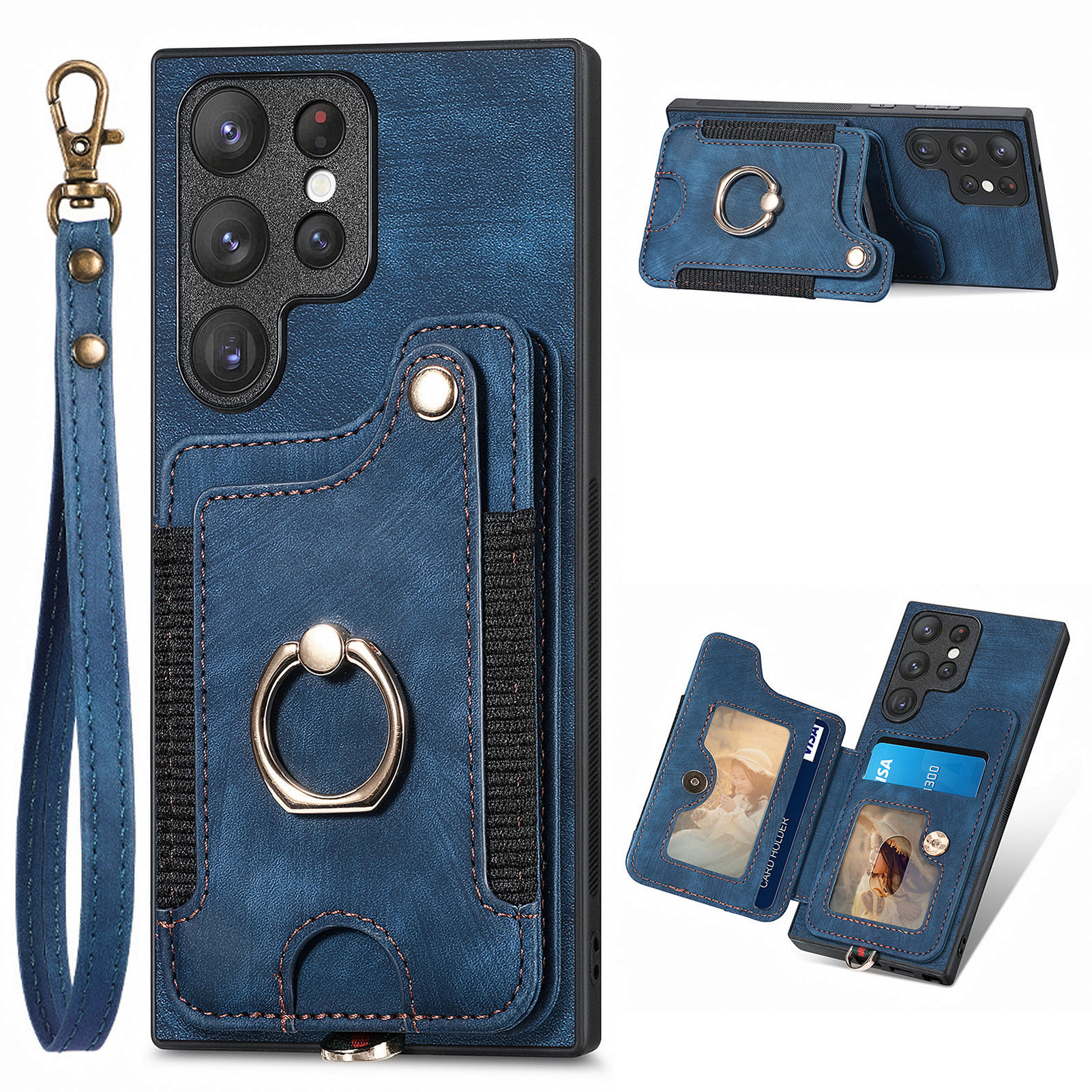 

Für Samsung Galaxy S22 Ultra 5G PU Lederbeschichteter PC+TPU Rückdecke RFID -blockierungskarten -slot -kickstand -telefonhülle - Dunkelblau, Galaxy S22 Ultra 5G