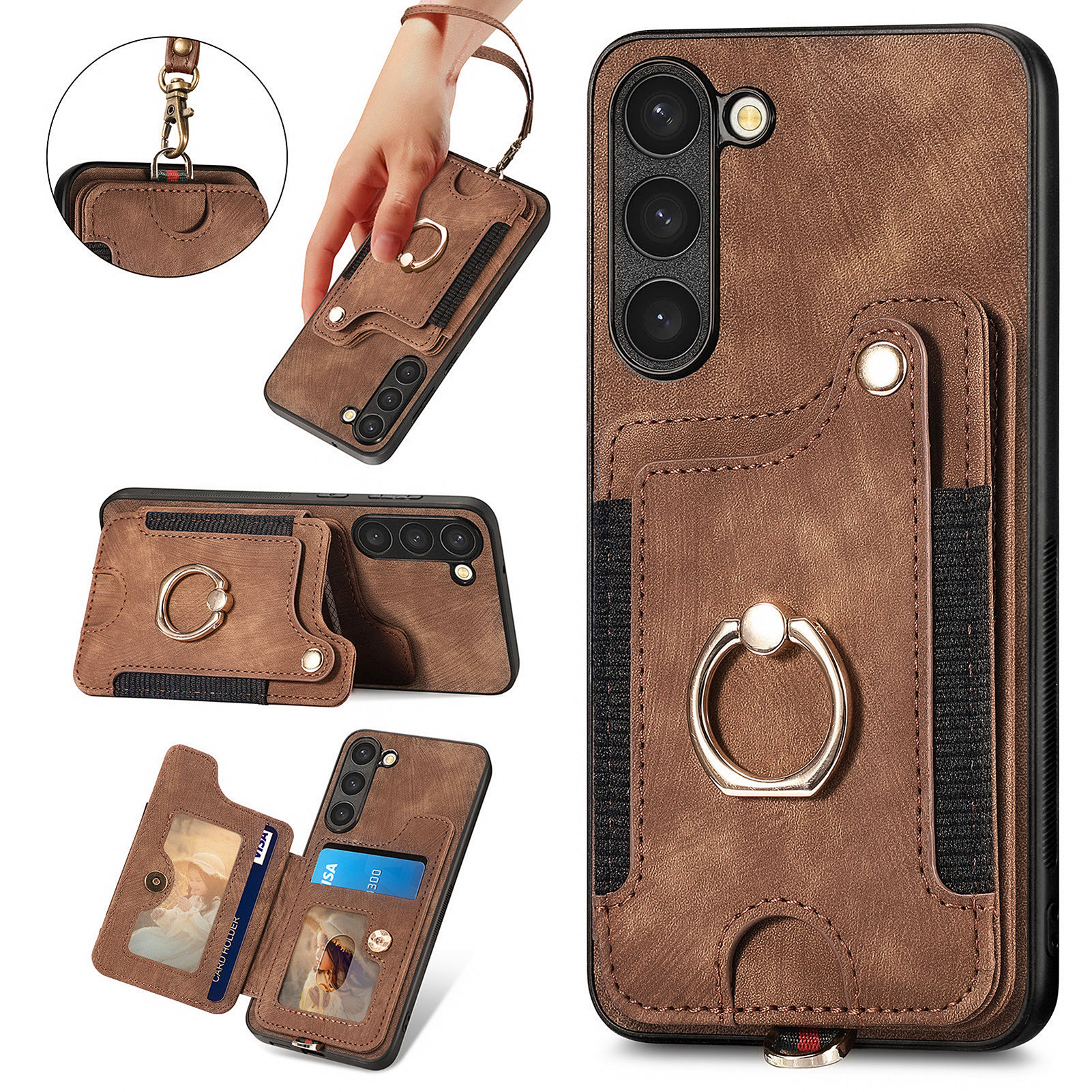 

Für Samsung Galaxy S23 RFID -blockierungskartenhalter Telefonhülle PU -leder -pc+tpu -kickstand -cover - Braun, Galaxy S23