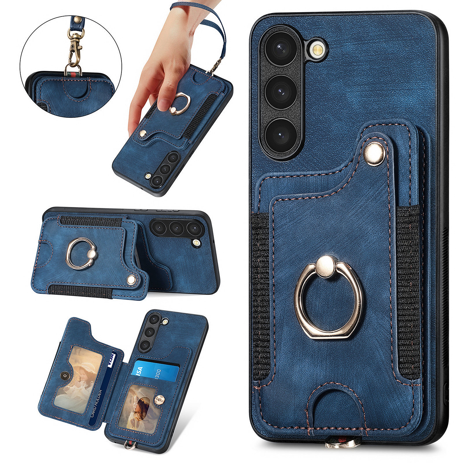 

Für Samsung Galaxy S23 RFID -blockierungskartenhalter Telefonhülle PU -leder -pc+tpu -kickstand -cover - Dunkelblau, Galaxy S23