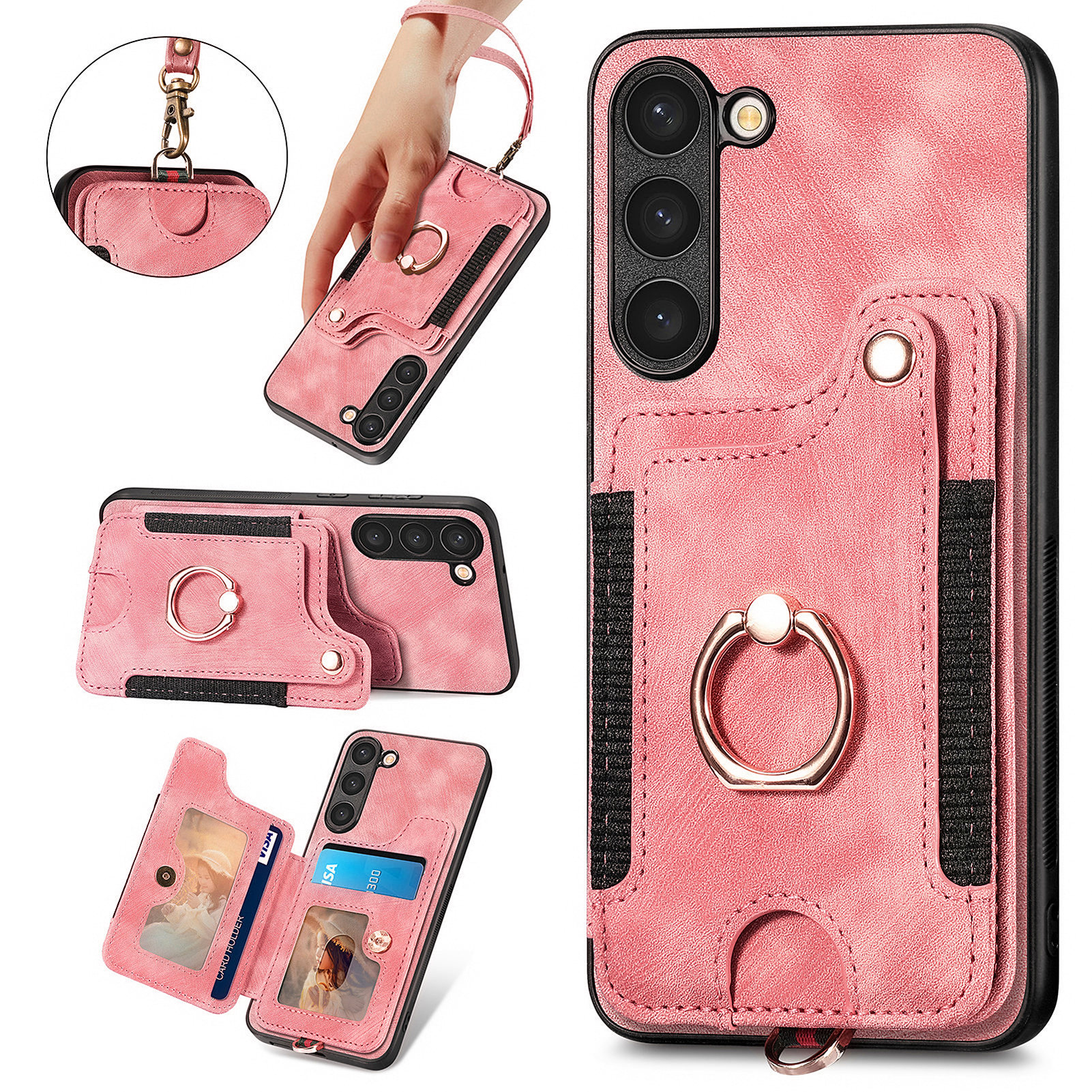 

Für Samsung Galaxy S22+ Kartensteckplatz RFID Blockierende Kickstand Cover PU -leder -pc+ Tpu -telefonhülle - Rosa, Galaxy S23+