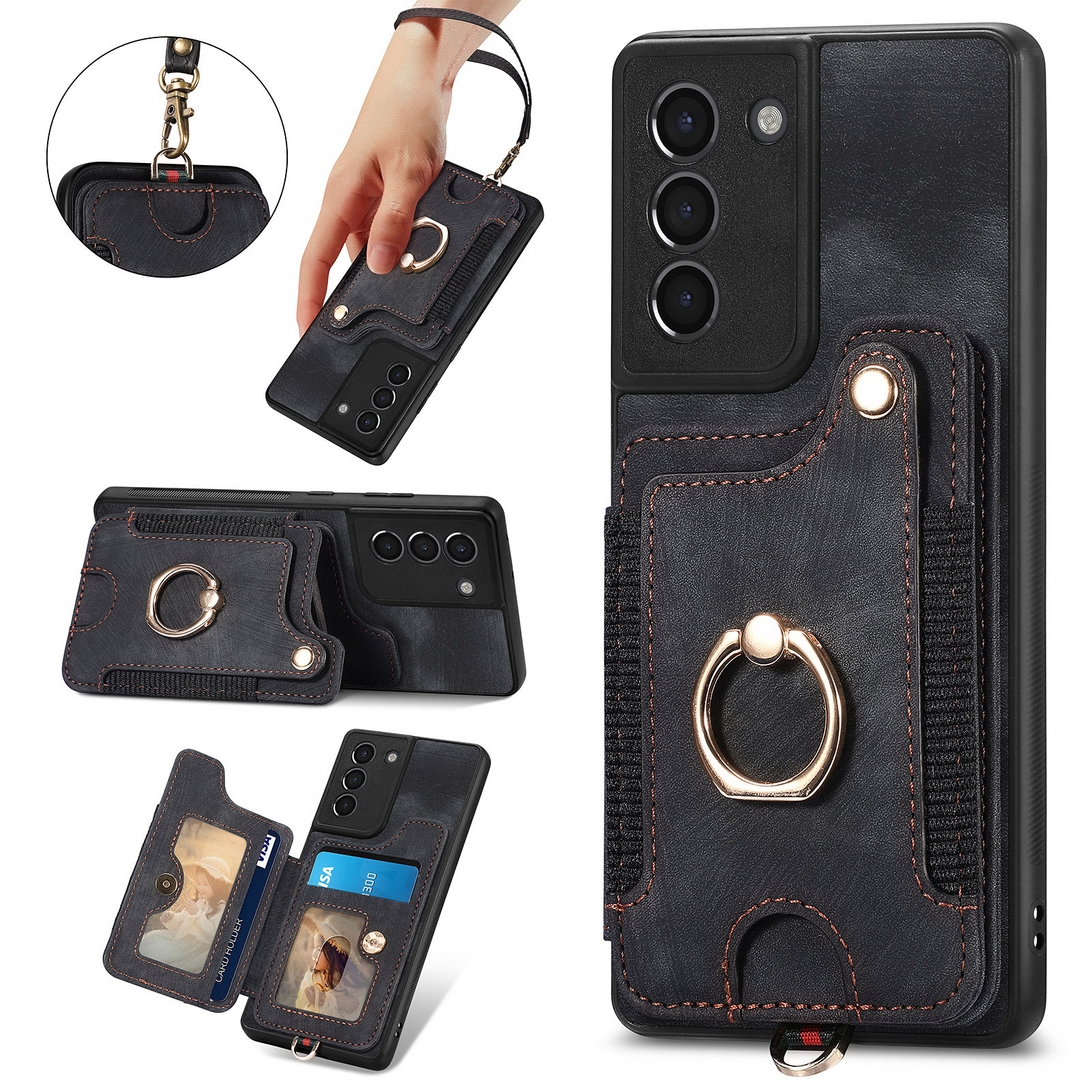 

Für Samsung Galaxy S21 fe 5G Card Slot Slot Kickstand Phone Hülle PU Leder+pc+tpu RFID -blockierabdeckung - Schwarz, Galaxy S21 FE 5G