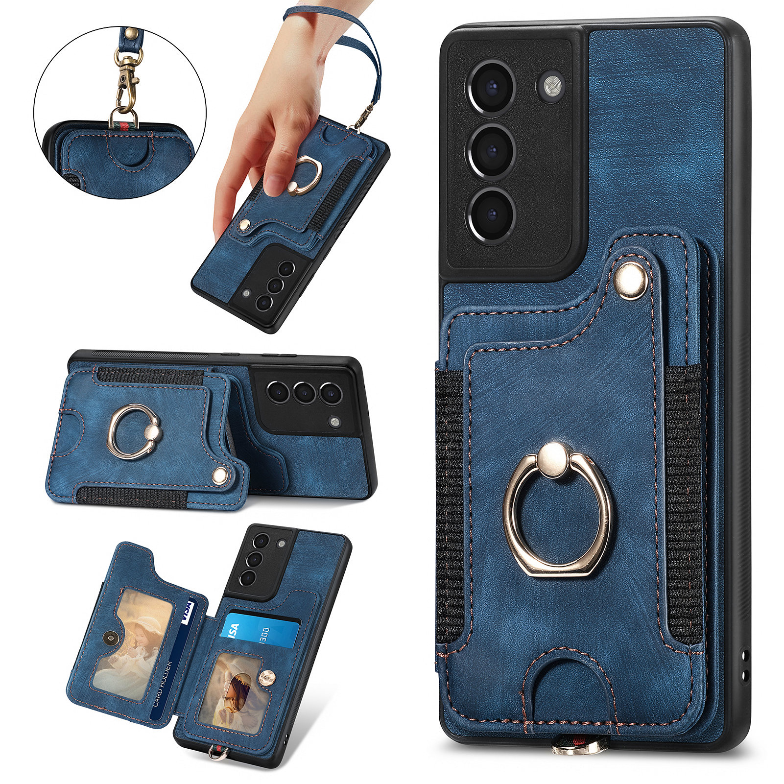 

Für Samsung Galaxy S21 fe 5G Card Slot Slot Kickstand Phone Hülle PU Leder+pc+tpu RFID -blockierabdeckung - Dunkelblau, Galaxy S21 FE 5G