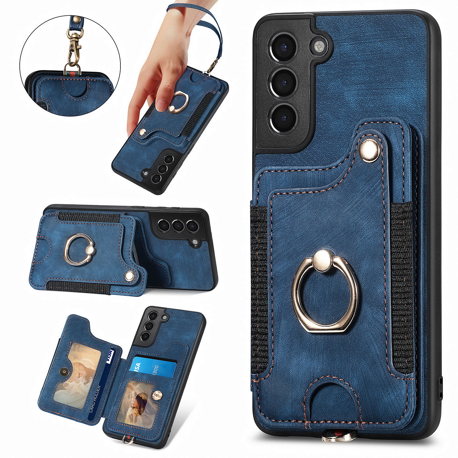 

Kickstand -cover Für Samsung Galaxy S21 4G / 5G PU Lederbeschichtete PC+TPU RFID Blocking Card Slots Telefonhülle - Dunkelblau, Galaxy S21 4G
